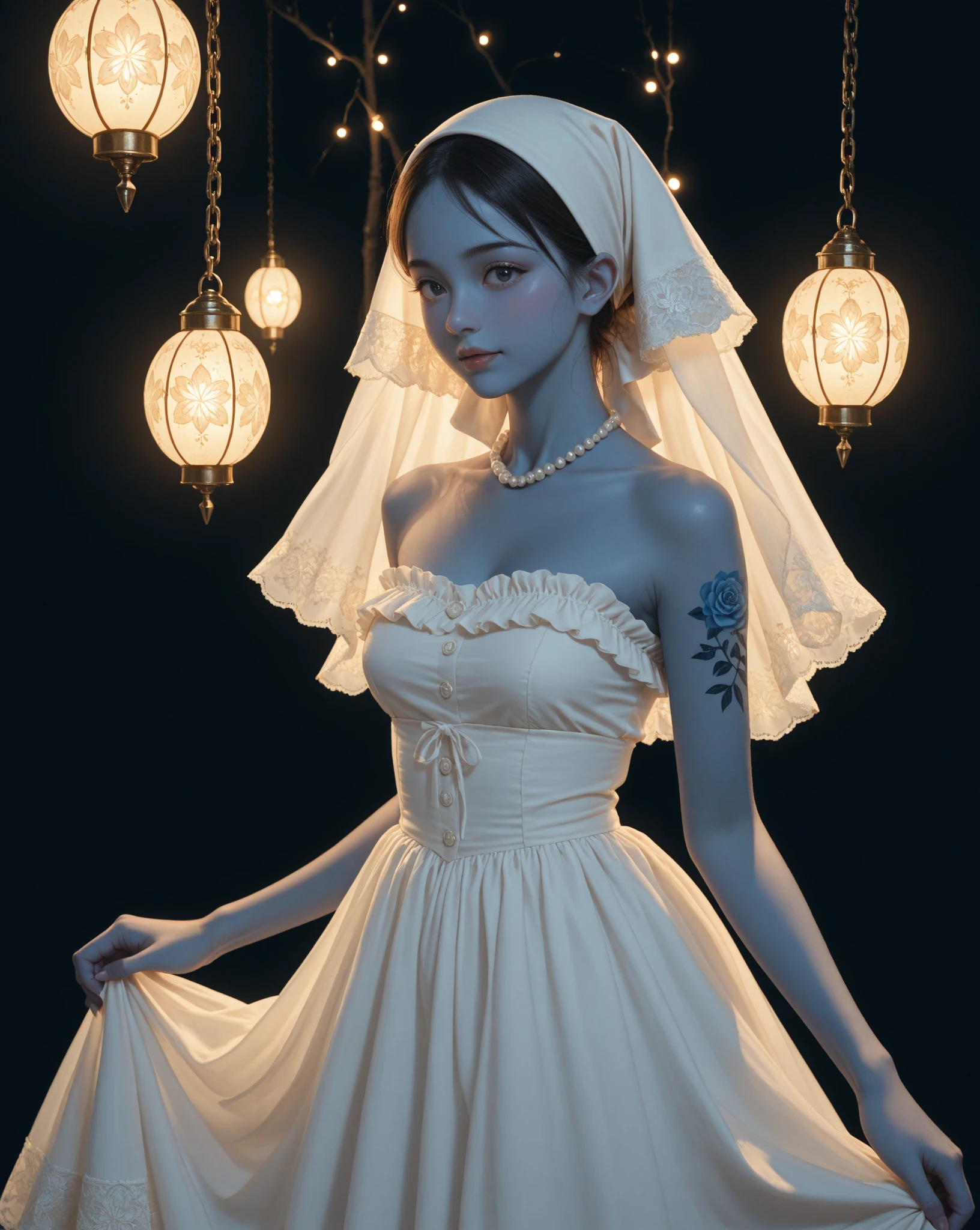 ghostly female figure with an unnaturally wide, creepy grin and completely black eyes. The figure has long dark hair and is wearing a white dress or gown. The background suggests a forest setting with blurred foliage
