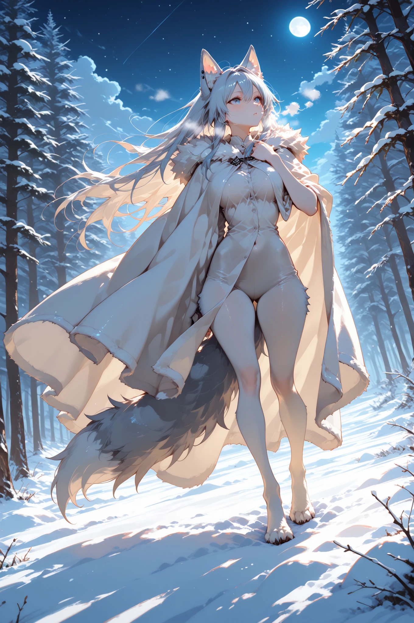 character with silvery white hair, with a slightly sensual pose. The character should have large breasts and the legs should also be very apparent.
The character's hair sways slightly in the breeze.
The character's breasts sway softly as she breathes.
Young beauty spirit.
In the background, a pine forest lightly covered by snow.