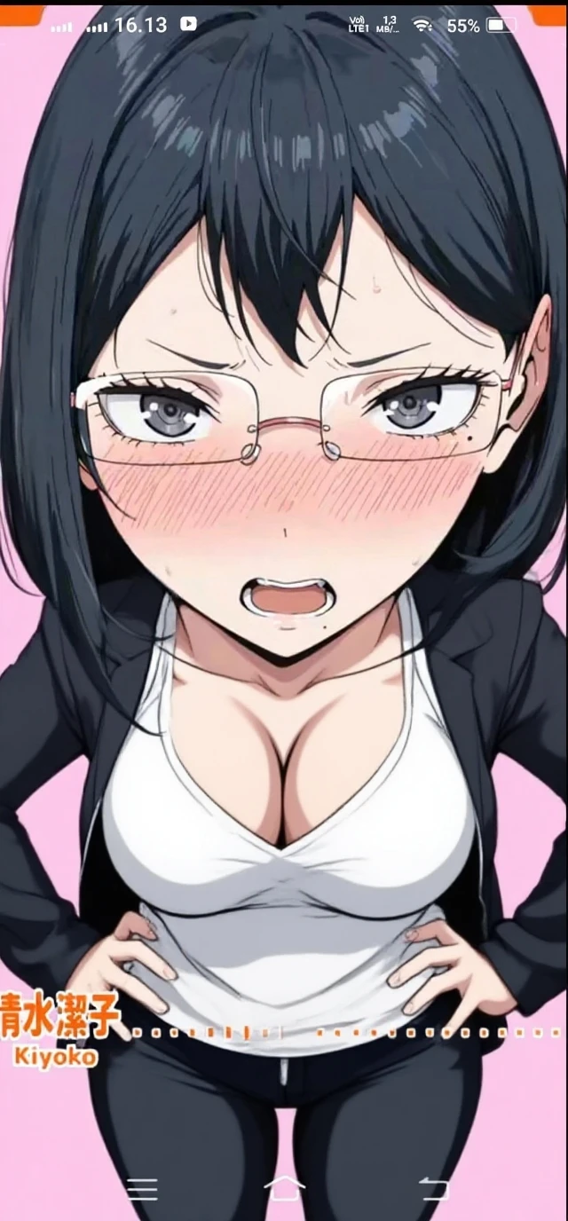 1 anime girl, sexy, sensual, tender look, glasses, black fur, by the taken, hair with bun, blushing, frowning expression, crouched, head on, looking ahead, View from below, huge tits, bare breasts, breeches, WET BODY, staring, sweaty body, face with cum, cum on face, hand extended in front, hand grabbing cock, human cock, hand grabbing huge penis, penis with semen, high quality.