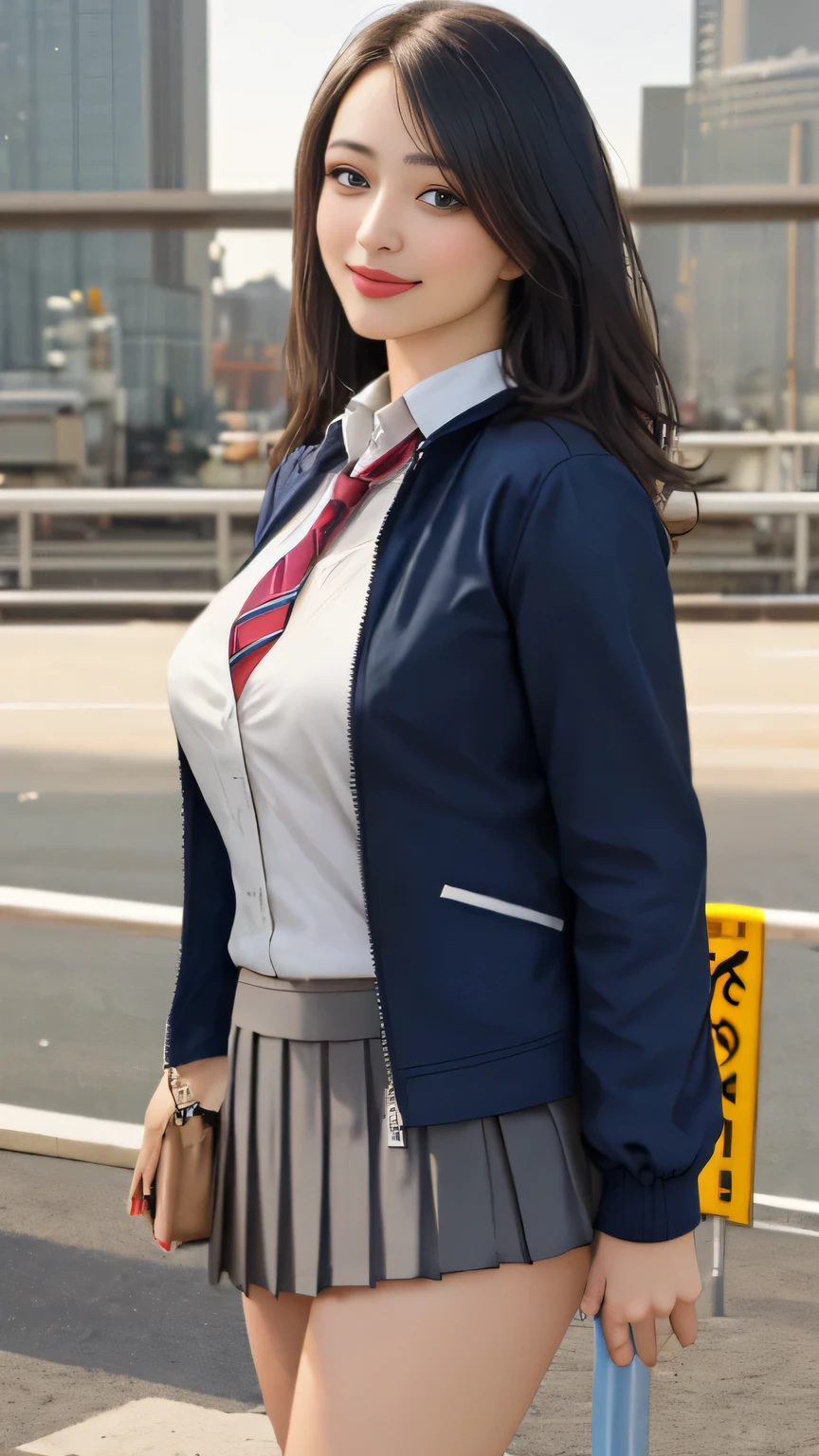Perfect lighting, Black, Side light, Detailed face, bangs, Light Skin 1 Japanese Girl, Woman in her 20s, Perfect figure, Transparency, Large Breasts, Thick thighs:1.5, Navy blue tie, Navy blue mini pleated skirt, Light blue shirt, Not a figure, Realistic Women, Standing in front of a concrete wall, Toothy smile, Angle from below, Her shirt is tight around her big breasts, I'm proud of my butt,
