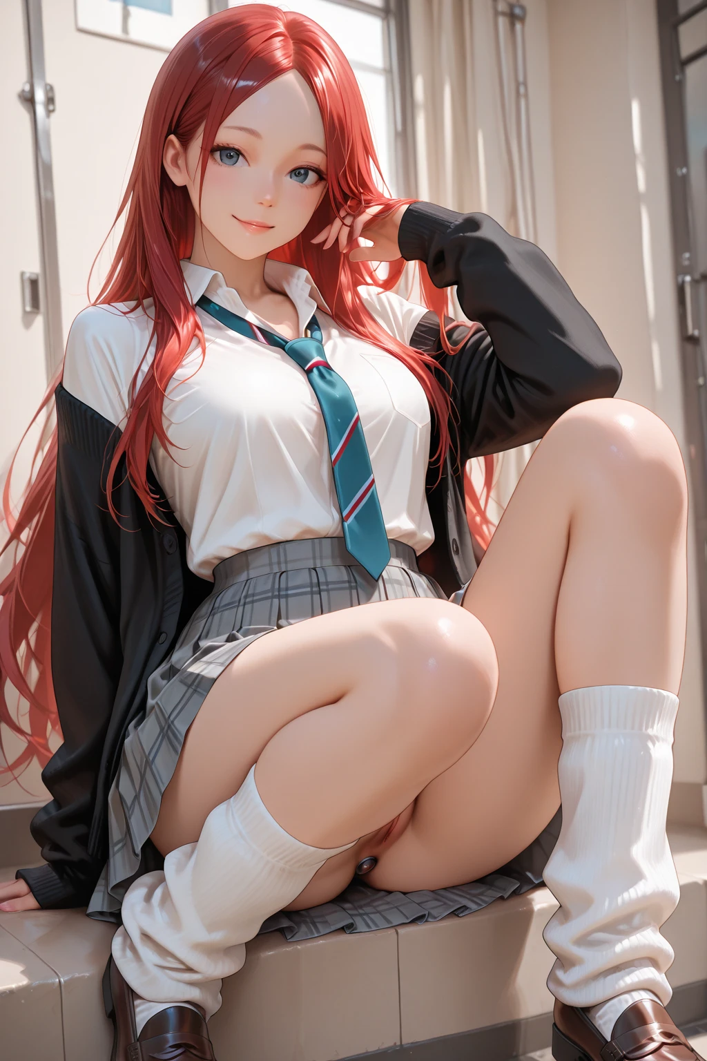 masterpiece, best quality, highres, best quality, highres, rias gremory, 1girl, long hair, school uniform, red hair, ahoge, blue eyes, large breasts, very long hair, breasts, skirt, huge ahoge, socks, spread legs, panties, smile, tongue out,
