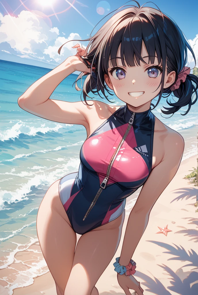NSFW、In the best quality、Teenage girl standing on a sandy beach。In high resolution、Beautiful details、Quiet atmosphere。Black hair ponytail、Cute Smile.。Small breasts、Cute floral one-piece swimsuit。