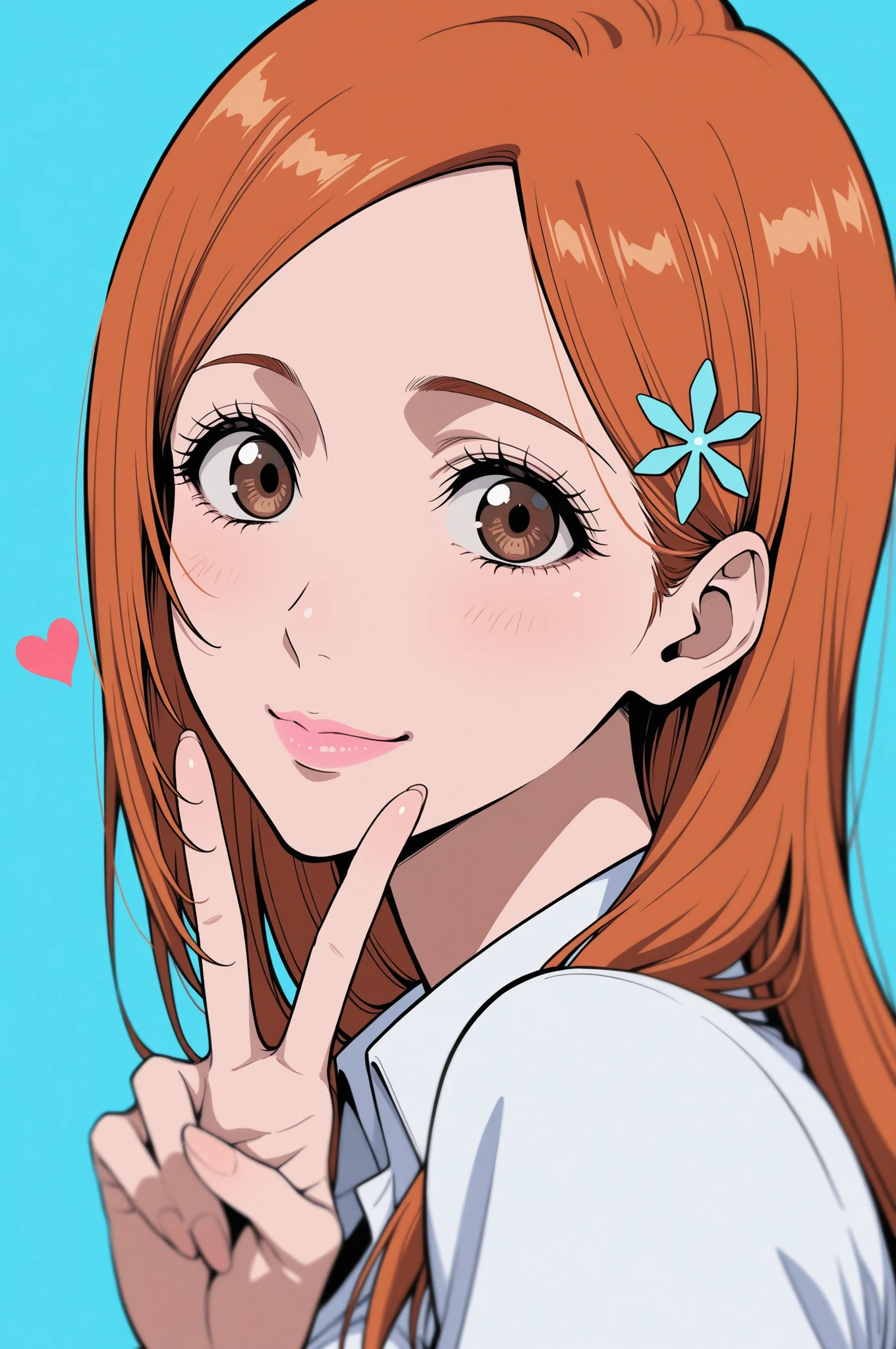1girl, inoue orihime, close-up portrait, female, woman, hair clip,orange hair,long hair,brown eyes,fair skin,Shiny skin,pink lips,white collared shirt,simple background,blue background,v sign,one hand,heart,depth of field,slight smile,looking at viewer,from the side,clean lines,smooth lines,sharp, masterpiece, best quality, newest, highly detailed,