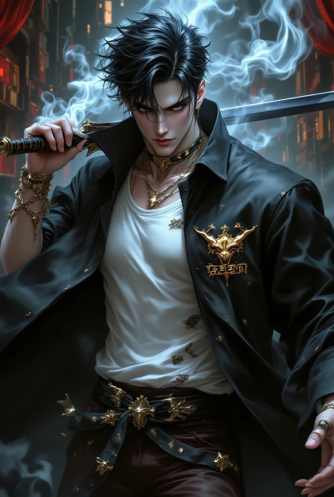 Manhwa Arte Europeo, 25 years old man, Pelo desordenado de la cabecera, Cabello negro azabache, ojos penetrantes, cejas gruesas, Llevar disfraz de vampiro, ojos amarillos, orejas punteagudas, colmillos salientes de su boca, sangre resbalando de su boca, amenazante, sexy, sensual,  razor-sharp jawline, mirada penetrante, Cold and mysterious character, 8k, Detailed features, muy guapo, sonriente, actitud fiestera, ENTP, fiesta, traje de gala, cuerpo entero