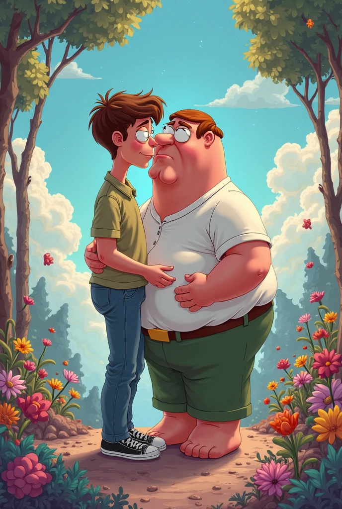 Generates an image of a fat teenager kissing a skinny man teenager 