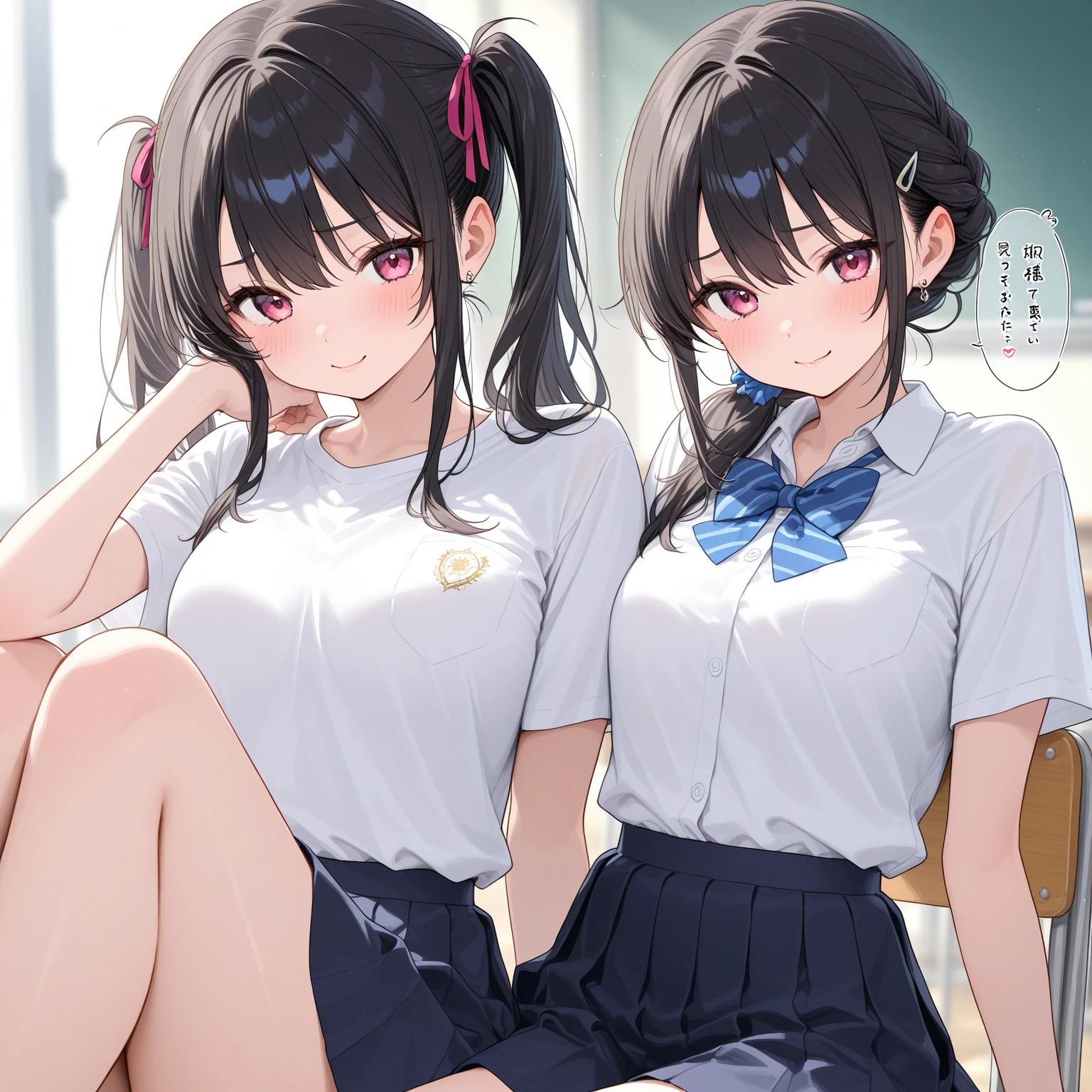 realistically, 2 girls, twintail, 1 ponytail, brown eyes, glowing eyes, white short skirt, Blush, daytime, Wet from the rain, see through, Strapless shirt, nipples, Sit with your knees raised., pussy, 16 years old, crotch, pee, armpit,