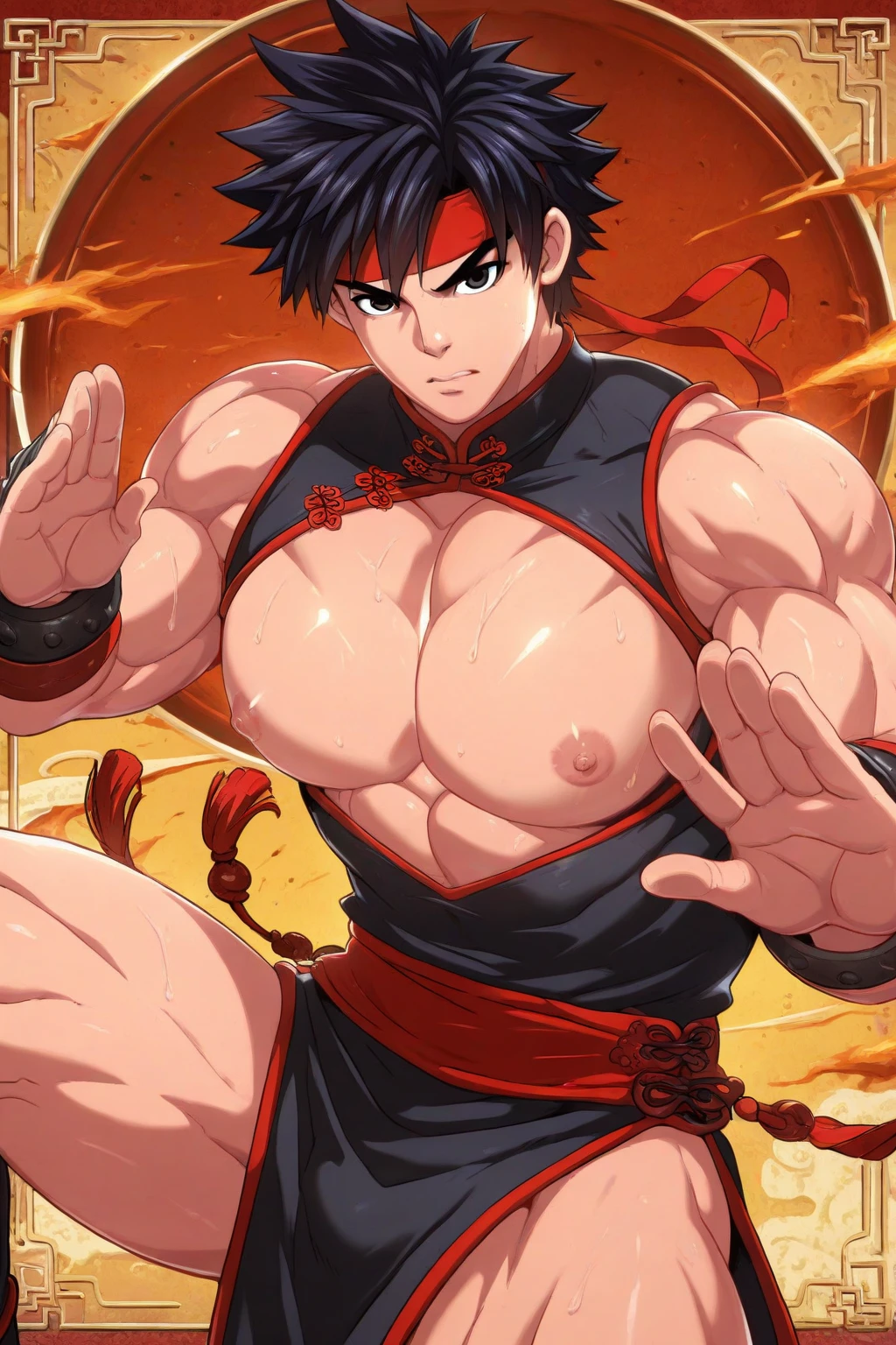 son goku, 1boy, battle damage, blue sky, blurry, blurry background, dougi, glacier, male focus, open mouth, red eyes, red hair, sky, solo, super saiyan, super saiyan god, torn clothes, ((masterpiece))