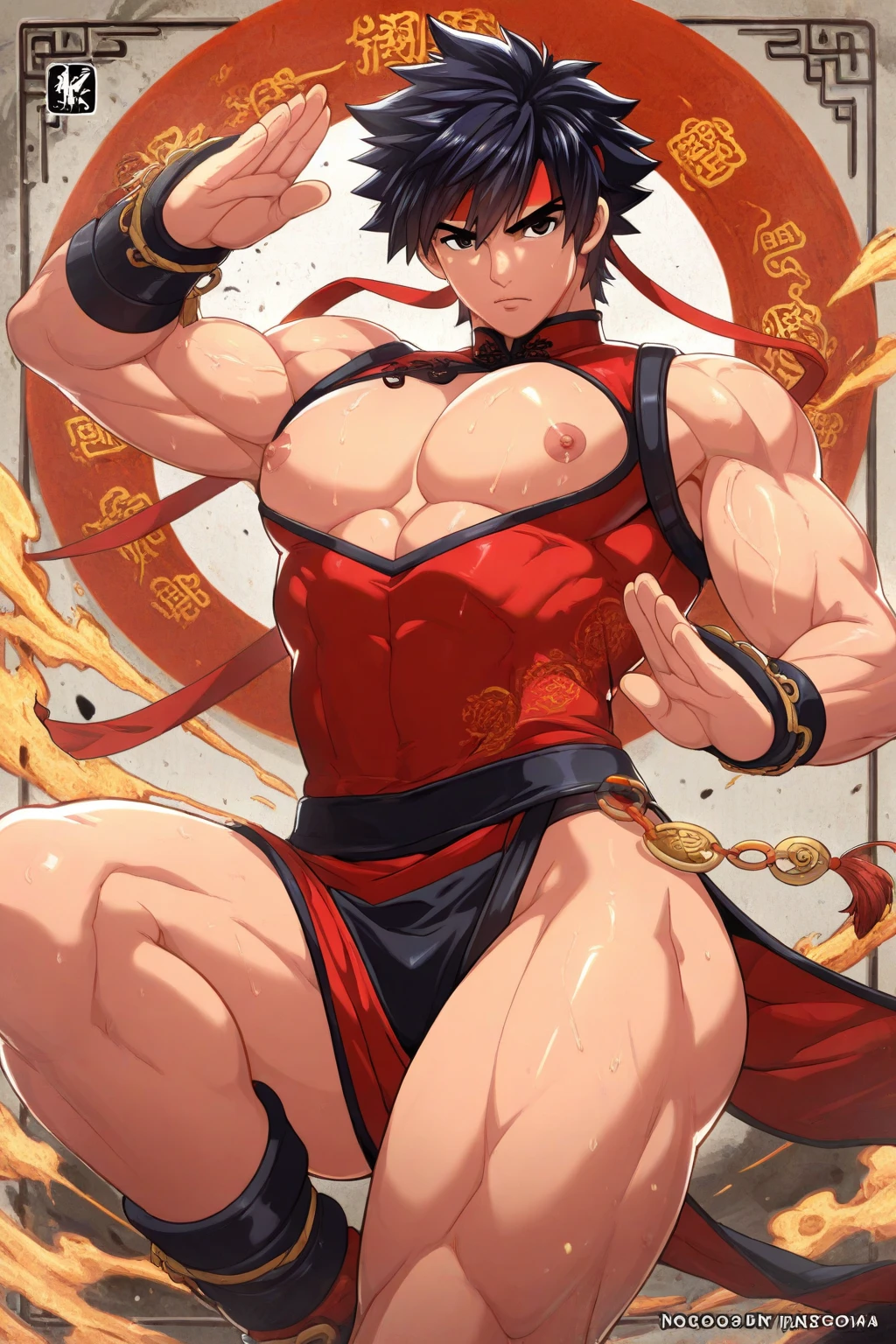 Huge muscles,((Huge erect ?????)),Ashton,Robe,Red Dragon and Red Dragon,Two Dragons,紫のRobeに青いマント,Black Bandana,Her hair is chestnut brown and medium-long and straight.,Wield a small sword,Massive ,A crying face enduring pain,宝石の装飾がついたRobe留め,Bodysuits