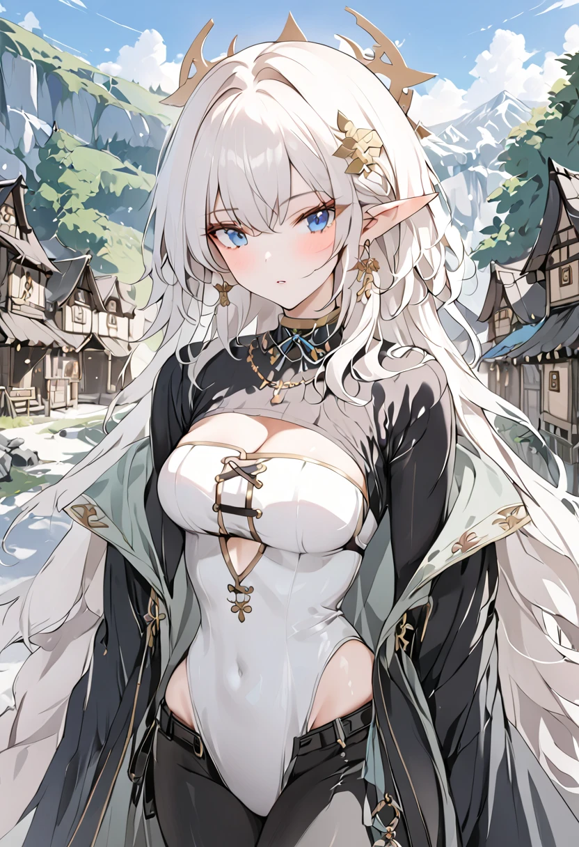 (1girl, masterpiece, best quality) Elf female with long length white hair. she has blue eyes. medieval-style white and light blue full cover outfit. She wears black pants. Elven village in the background. (perfect body line) She is warrior.