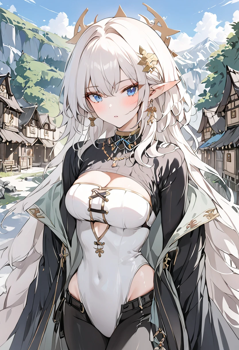 (1girl, masterpiece, best quality) Elf female with long length white hair. she has blue eyes. medieval-style white and light blue full cover outfit. She wears black pants. Elven village in the background. (perfect body line) She is warrior.