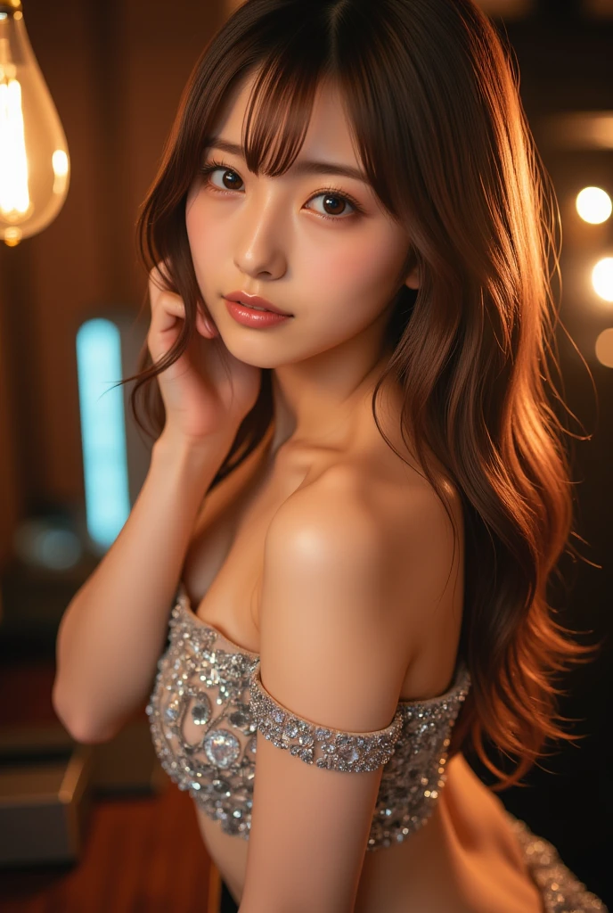 1girl,(wearing a blue glittery evening dress:1.2),(RAW photo, best quality), (realistic, photo-realistic:1.4), masterpiece, an extremely delicate and beautiful, extremely detailed, 2k wallpaper, Amazing, finely detail, extremely detailed CG unity 8k wallpaper, ultra-detailed, highres, soft light, beautiful detailed girl, extremely detailed eyes and face, beautiful detailed nose, beautiful detailed eyes,cinematic lighting,city lights at night,perfect ???????,slender body,light smile,close up,(long hair with bangs), big breast