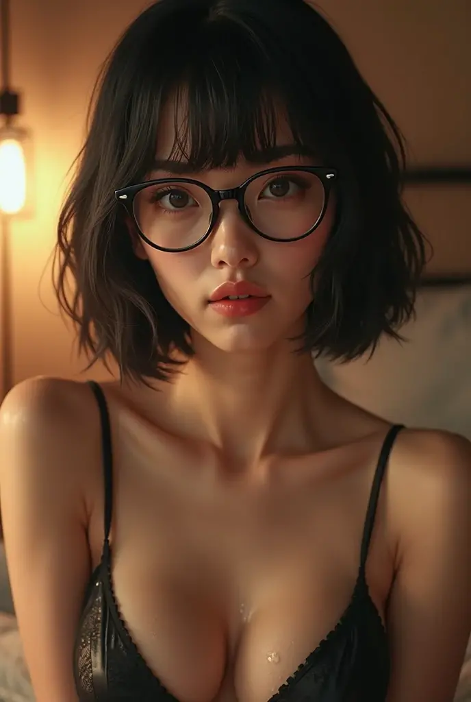 (All nude:1.5), (Highest quality、Highest quality、8k resolution、masterpiece、Professional photography、Award-winning works)、(Beautiful Japanese office lady:1.1)、(The most romantic night in a love hotel:1.1)、(Strongly blurred background:1.1)、The most romantic and moody atmosphere、、(Cleavage:1.3)、(Voluptuous body:1.5)、Standing Elegantly、Voluptuous body、(Very short bob hair:1.1)、(Classy glasses:1.2)、A seductive gaze stares at me、(Large Breasts:1.3)、Perfect Makeup、Beautiful lipstick、Elegant eyeshadow、Long eyelashes、Ultra-high resolution glossy skin、(Accurate ???????:1.1)、(Closed lips:1.3)、(Face close-up:1.2)