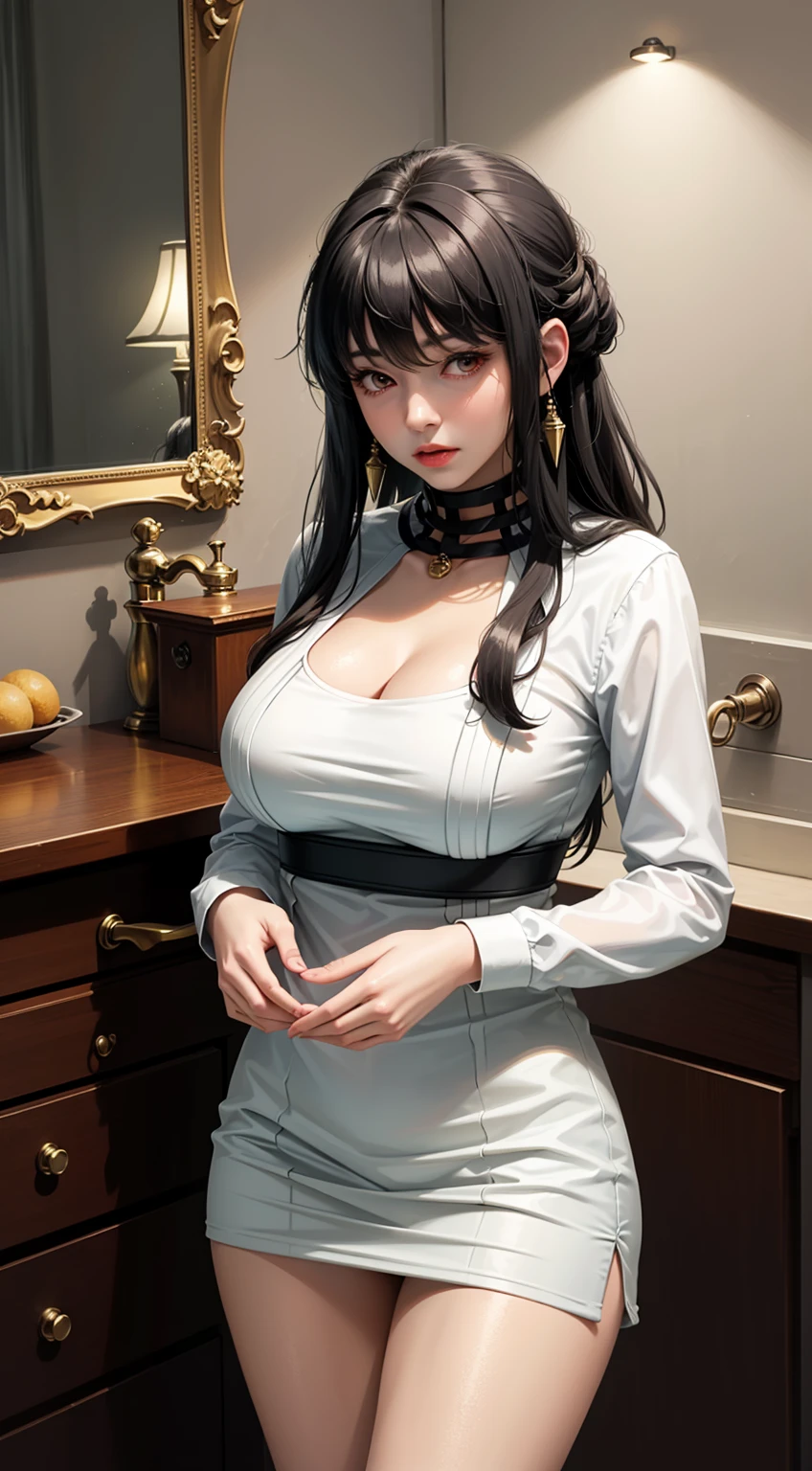 realistic 1 girl, Kaguya Otsutsuki, per HD, 12k, beautiful breasts, looking at camera, long black hair, dark green crop top, dark green skirt, face details, person details, body details, clothes details, hair details, body details, details body, breasts, vagina details, clothes, eye details, sweat details, water details, pose (knees bent and legs wide apart) chest full body,,