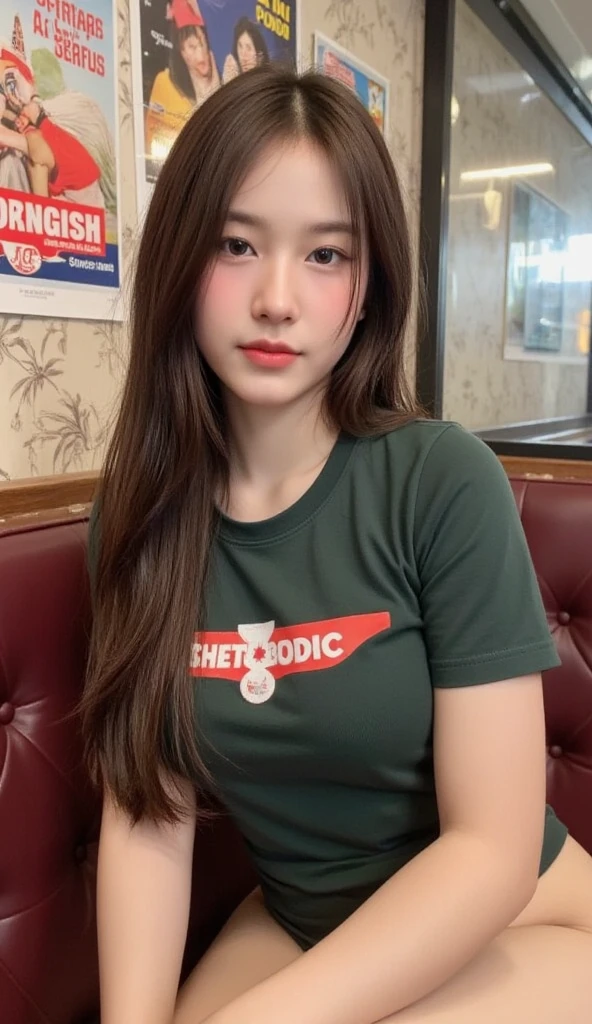 Cool beauty,Looks sweet,bob haistyle, (wearing green oversize t-shirt, off-shoulders), show clavage, show big thigh, plump body, huge breast, full body photo, sitting on the bed. Dark background.