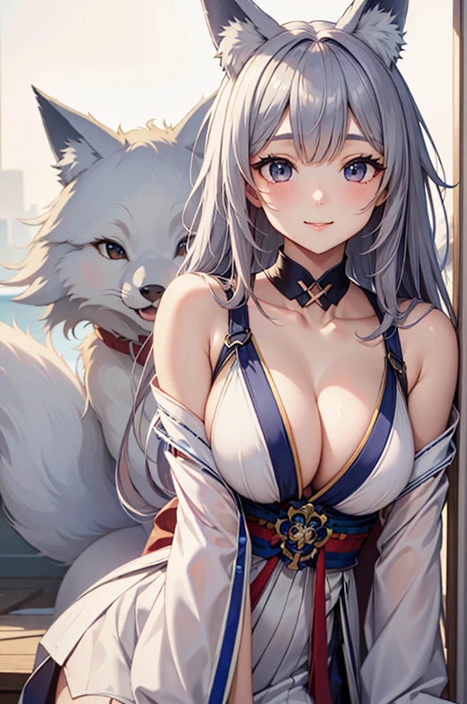 (((masterpiece, best quality))), (((superior quality))), cute girl, ((extremely detailed girl)), ((huge breasts)), fox ear, shrine maiden, (bare shoulders), strapless top