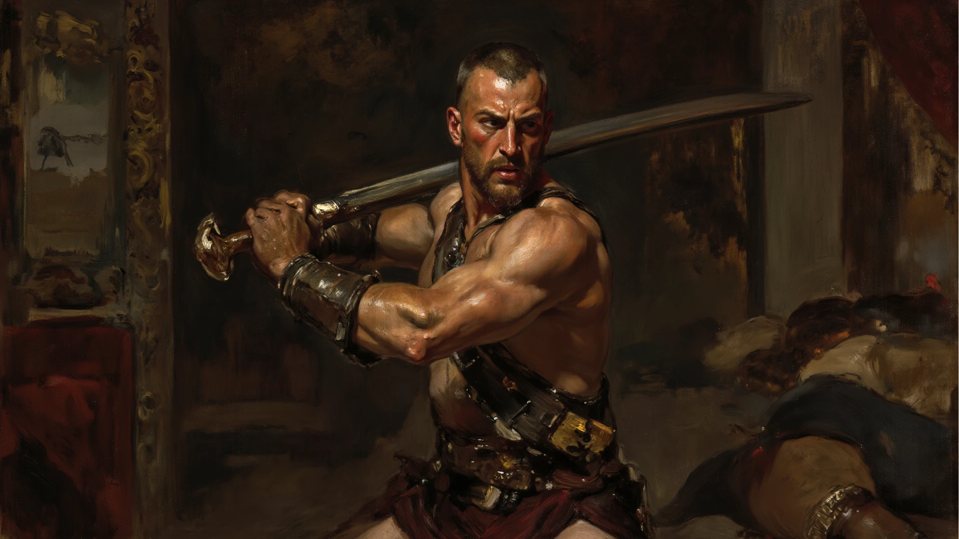 a drawing of a man with a sword and blood splattered on his chest, by Pogus Caesar, inspired by Pogus Caesar, gladiator, roman gladiator, inspired by Caesar van Everdingen, inspired by Roman Bezpalkiv, lee bermejo, by Todd Lockwood, inspired by Caesar Andrade Faini, inspired by Mark Brooks