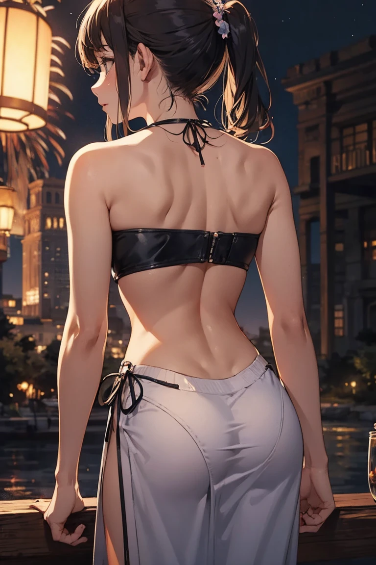 Sexy woman who is wearing a backless blouse and a saree and hair tied in a bun, tiny room, dark room, one lamp, sweaty, pleasure
