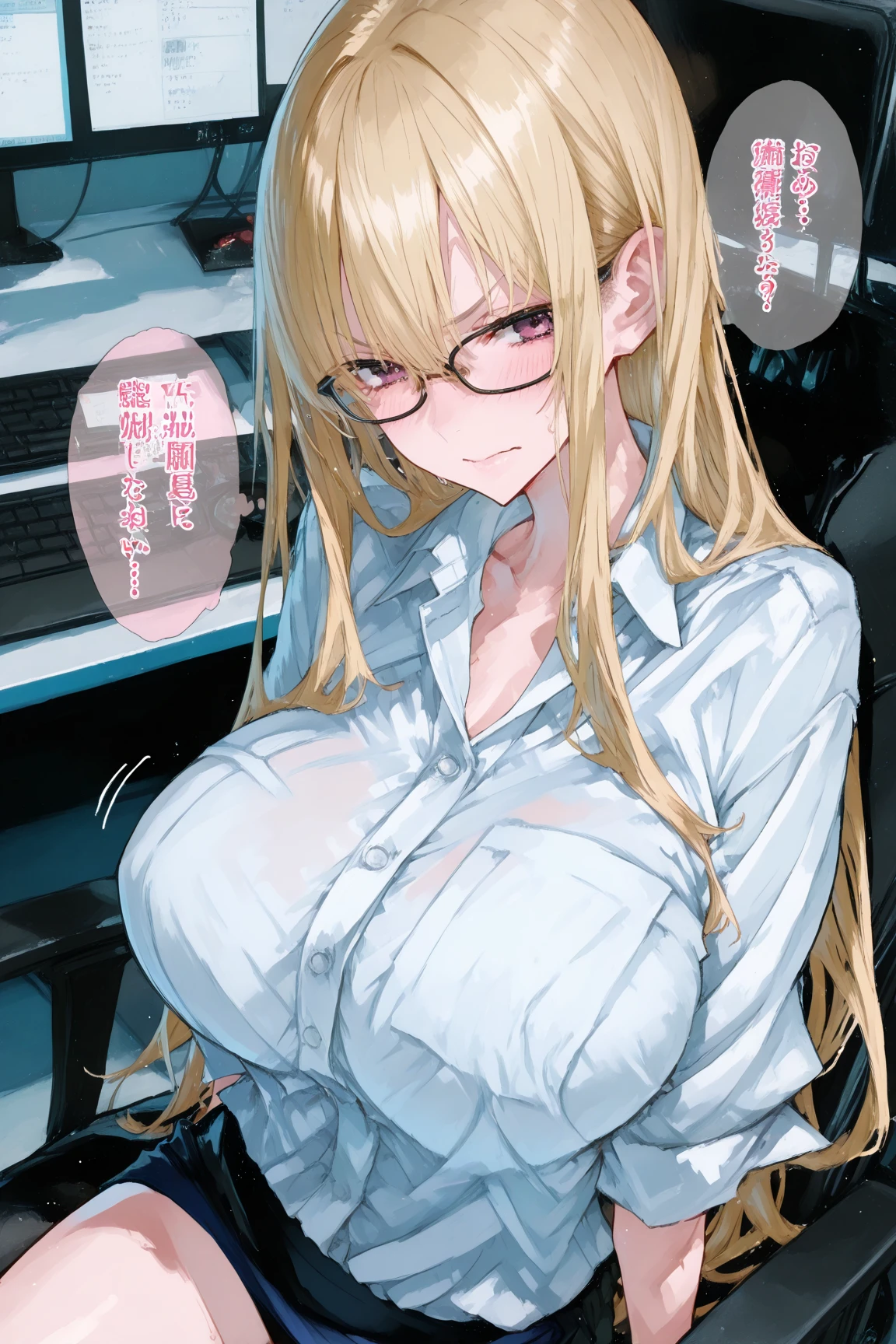 Front view, 1 girl, secretary , solo, anatomically correct, blonde one side ponytail, beautiful red eyes, freckles, upset expression, blushing, mad expression, large boobs, tight red office shirt, unbuttoned shirt, revealing cleavage, red office shirt, black pair of pants, bending over, bending over on viewers office, bending over to showcase her cleavage, bending over at 90 degrees, her hands on viewers office, her hands on viewers office, view from our office, looking at the viewer seductively, boobs emphasis, 8k, best quality, office background