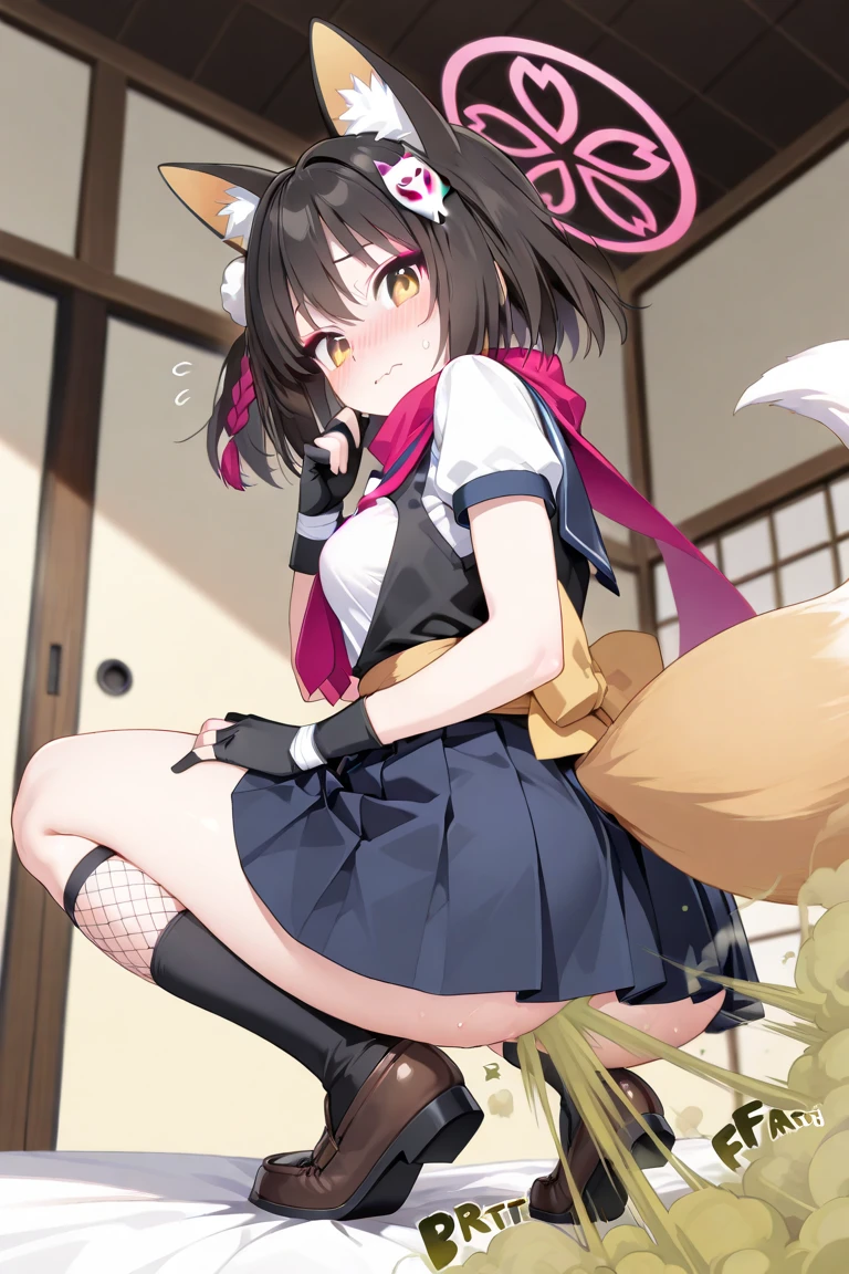 score_9, score_8_up, score_7_up, BREAK source_anime,
masterpiece,8k,uncensored,(highres:1.3),high resolution, unity 8k wallpaper, detailed face, detailed CG, (perfect hands:1.5, perfect anatomy),
(high quality, best quality)
(curvy:1.45)(shiny skin:1.2) (oily skin:1.2)
izuna kuda, yellow eyes, black hair, animal ears, animal ear fluff, medium hair, fox ears, halo,
Happy, smirk,
by hiroyama_hirosh,
asymmetrical legwear, fishnets, fox hair ornament, fox tail, gloves, hair ornament, pleated skirt, sash, scarf, school uniform, single thighhigh, tail, thigh strap, yellow tail, unware fox mask,
Dynamic pose, dynamic light,
School room,
Hands on chest,(hands together:1.8)(hand_seal) , (ninja_hand_gesture:1.5)
(From below:1.2), (From side:1.2)
(lying on ceiling:1.5),