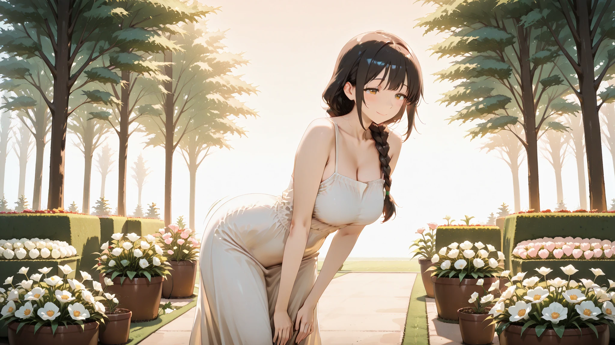 [[[[anime]]]] (game cg), highres, (masterpiece), (best quality), official art, hdr, from behind,
pitying, seductive woman, long black himecut with blunt bangs, red eyes, medium (breasts), (simple (white) summer dress) [[covered nipples]], in beautiful detailed (countryside) plains, cute butt