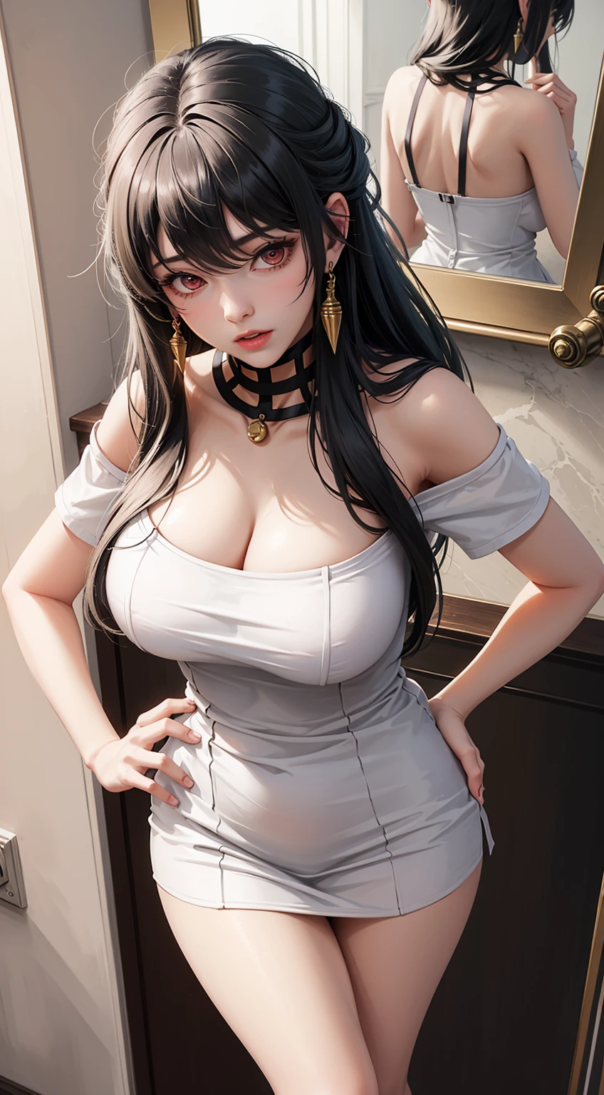 Detailed facial details,1 girl、Cat ear,Black long hair,Red lips,Large Breasts,Wear white overalls,Slim,Charming red eyes, Shy expression,Handcuffs,Collar,Radiant Skin,Facial details are very detailed, Sitting at the table,office