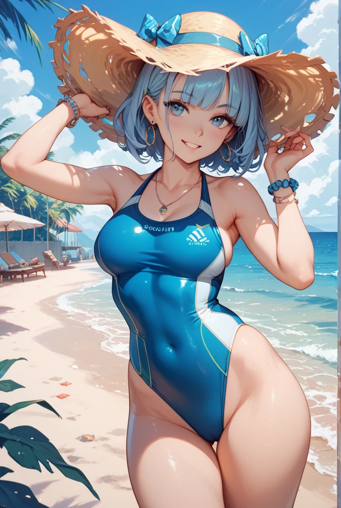 1girl, Bea from pokemon, grey eyes, swimsuit, beach, detailed fingers, smiling, arrogant, standing