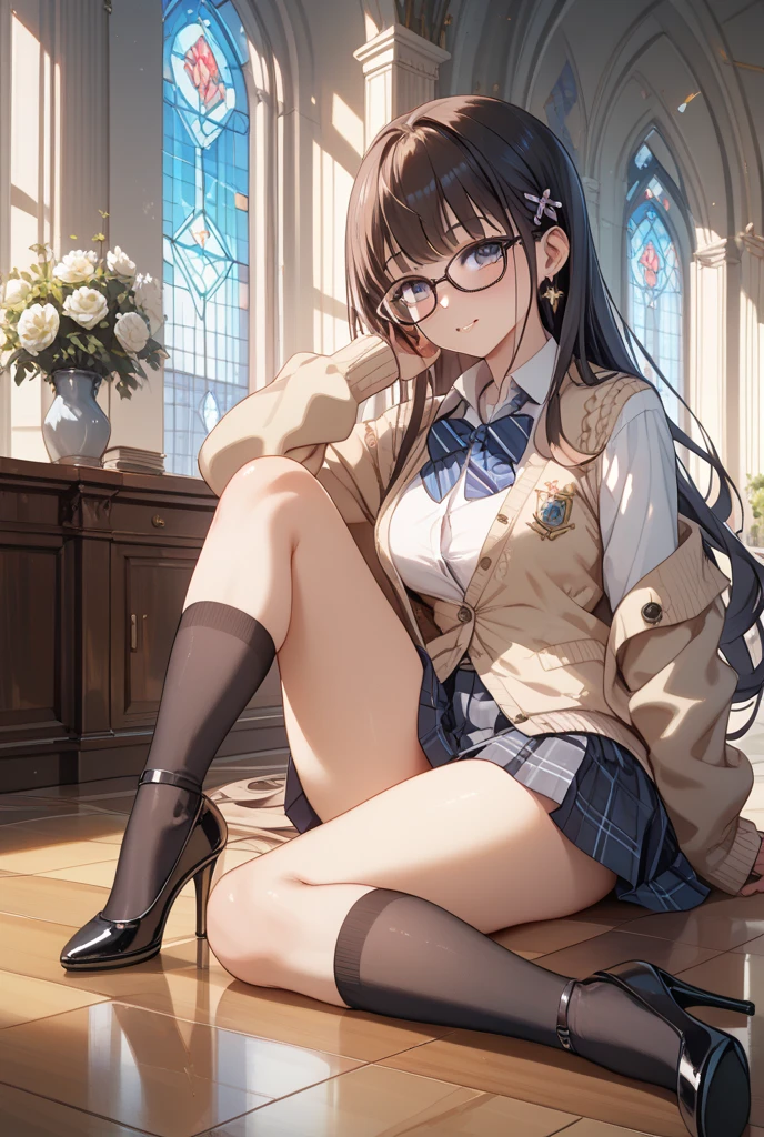 (masterpeace, best quality),mari makinami, blue eyes, brown hair, glasses, headband, twintails, dress shirt, pantyhose, plaid, plaid skirt, school uniform, shirt, skirt, school uniform on desk、M-shaped legs、She opened her legs wide、Show off your panties、Looking at the camera、((Black Satin Panties))、Light blue shirt、Dark blue tartan plaid pleated skirt、Detailed cute and beautiful face、(pureerosface_v1:0.008)、eye liner、red blush、embarrassed from、glares、 shiny lips: 1.4, humiliated、impatience、Frightened、glares、Panty appeal、red blush、open one's legs、Disheveled clothes、Dressing、Black High Knee Socks、Wearing sweat、sodden, In the evening classroom,