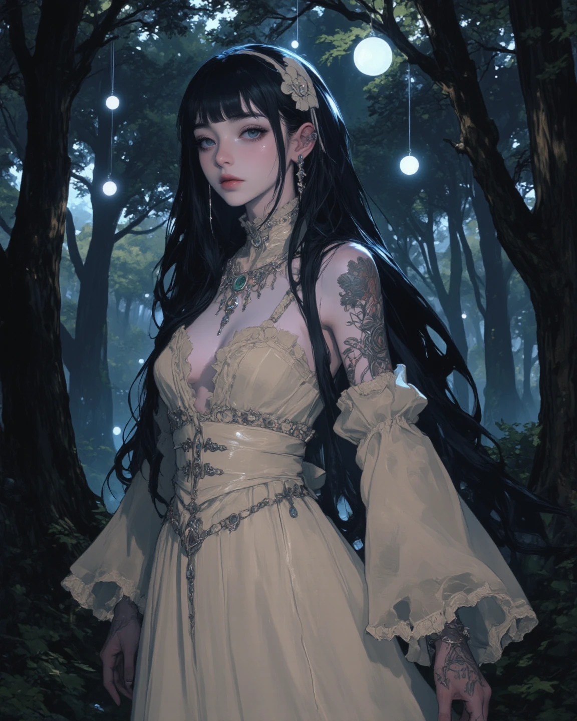 ghostly female figure with an unnaturally wide, creepy grin and completely black eyes. The figure has long dark hair and is wearing a white dress or gown. The background suggests a forest setting with blurred foliage