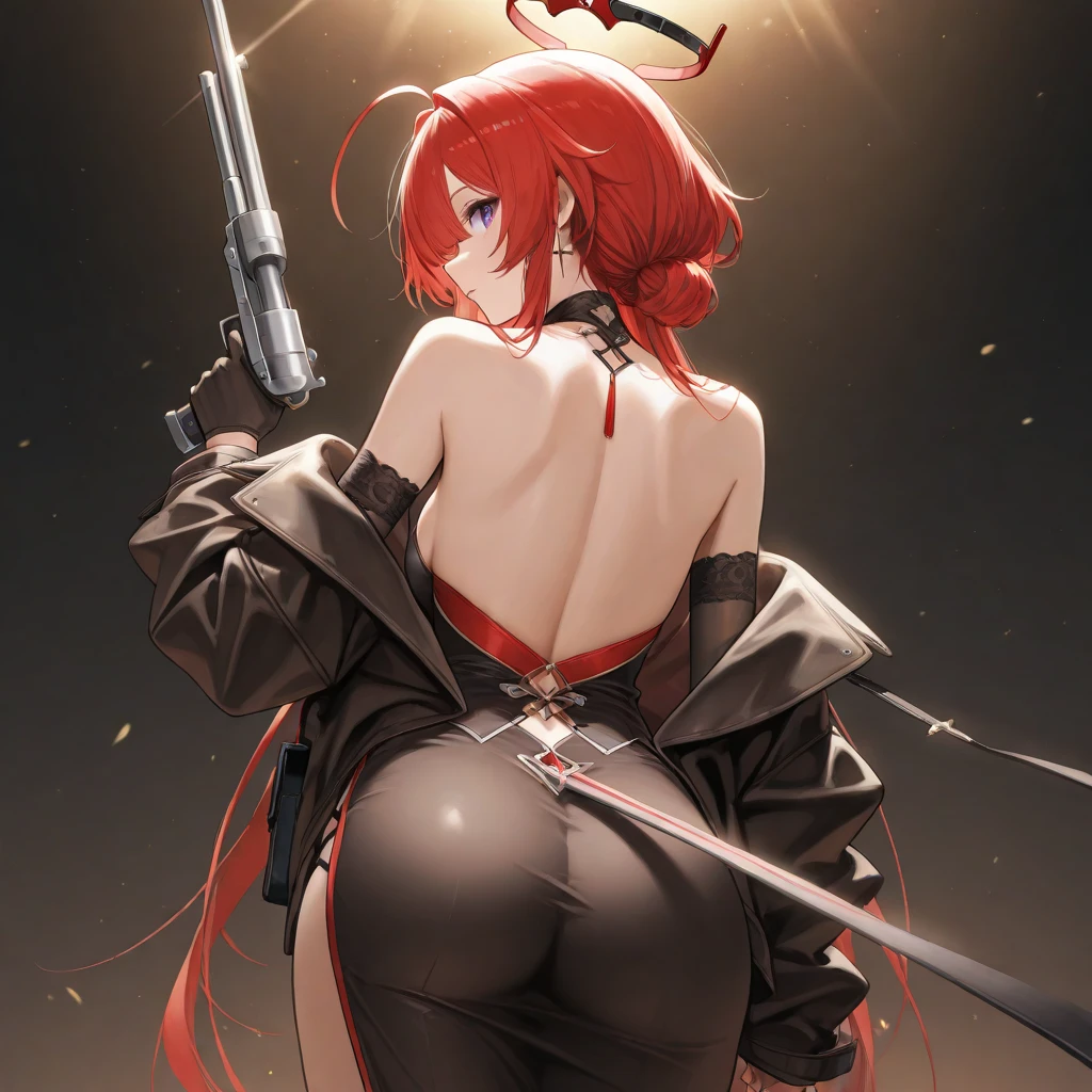 masterpiece、hightquality、1girl , 1 character only、独奏、makima , chainsaw man anime, anime style, (hair between eye)、standing straight, back view, standing very confident, slightli smiling at me , looking at me with with slight smile at me through her shoulder , no bra, no clothes, naked, camel toe, cameltoe
