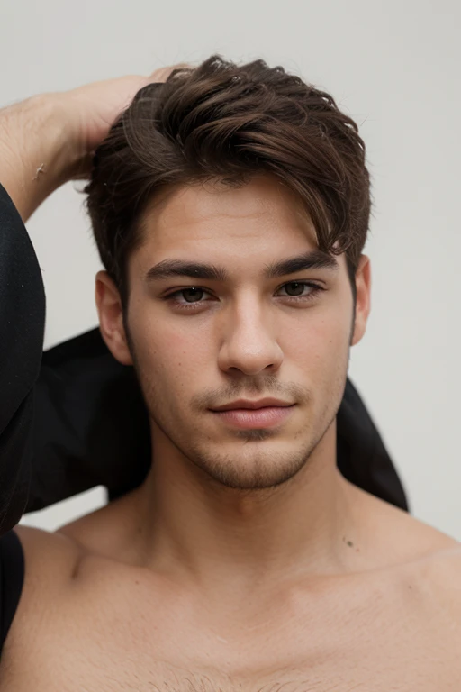 Image of an elegant man with a few days' beard and slicked-back hair. He wears a slightly open shirt and a leather jacket, displaying a modern, sophisticated style. His gaze is deep and captivating