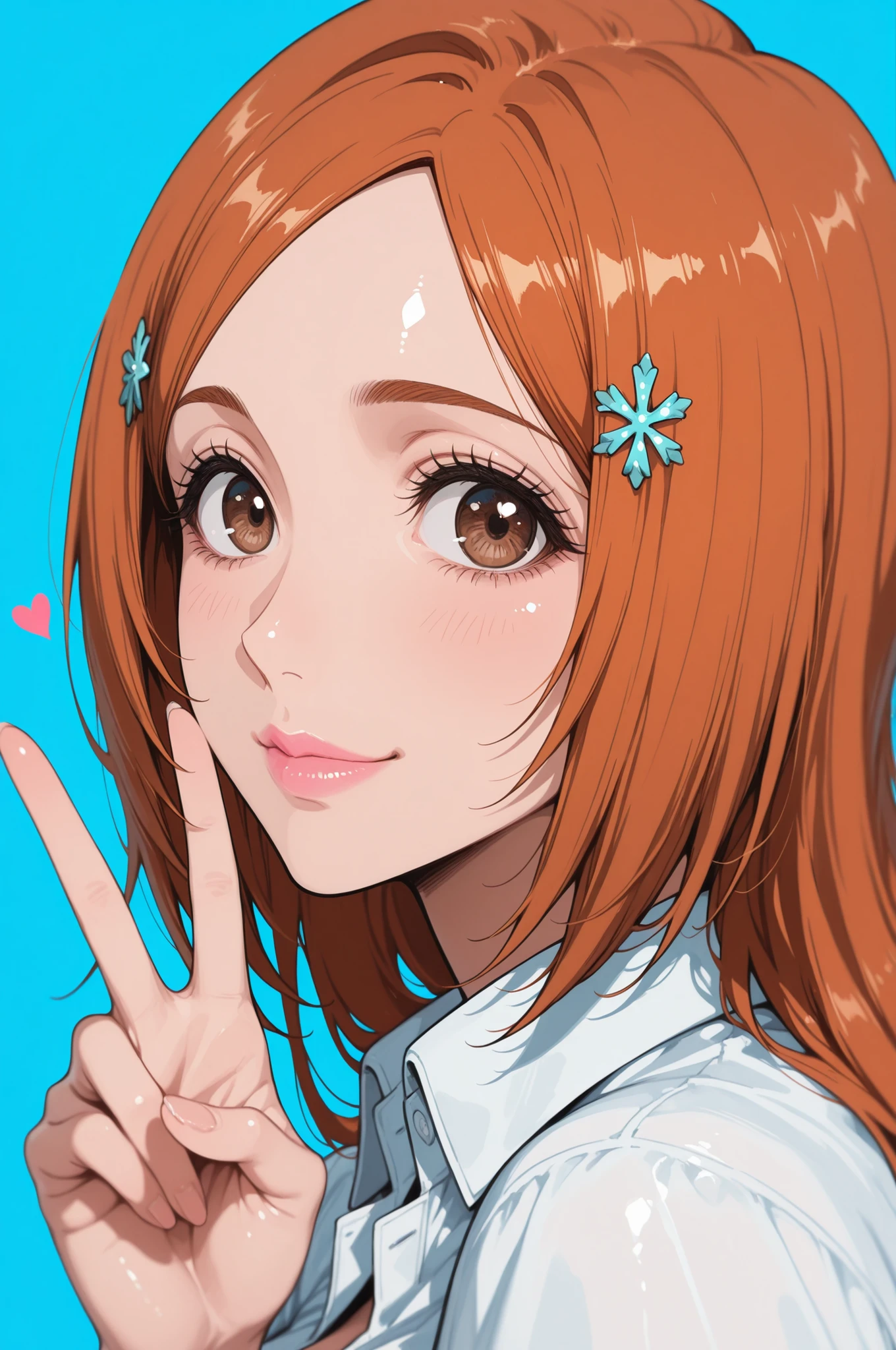 1girl, inoue orihime, close-up portrait, female, woman, hair clip,orange hair,long hair,brown eyes,fair skin,Shiny skin,pink lips,white collared shirt,simple background,blue background,v sign,one hand,heart,depth of field,slight smile,looking at viewer,from the side,clean lines,smooth lines,sharp, masterpiece, best quality, newest, highly detailed,