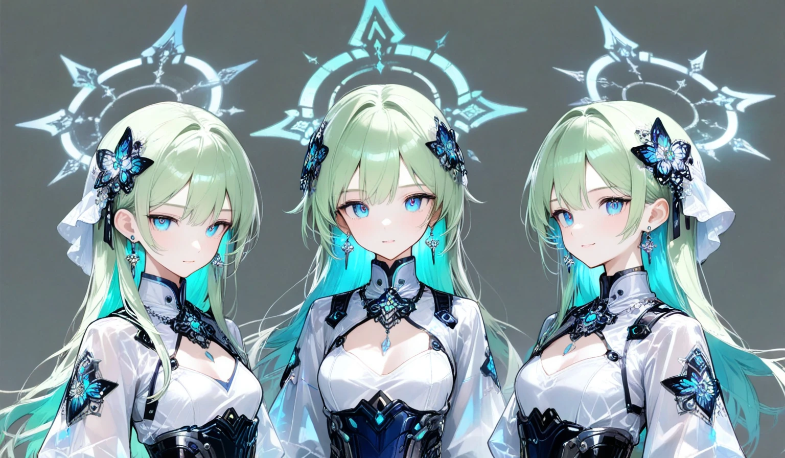 Masterpiece, 4girls, each dressed as a maid. The maids are wearing identical uniforms, beauty and cute, high detailed, dinamic lighting, vivid colours, big breasts, massive cleavage exposed, A giant spacecraft navigating interstellar space, Sophisticated design, huge geometric figures stacked in layers,standing, white skin, blue eyeballs, blonde hair, happys, various hair styles, harem, perfect eye, perfect face, Symmetrical eyes, well-aligned, with a natural and proportionate gaze, Observing their master with a servile gaze, elfs