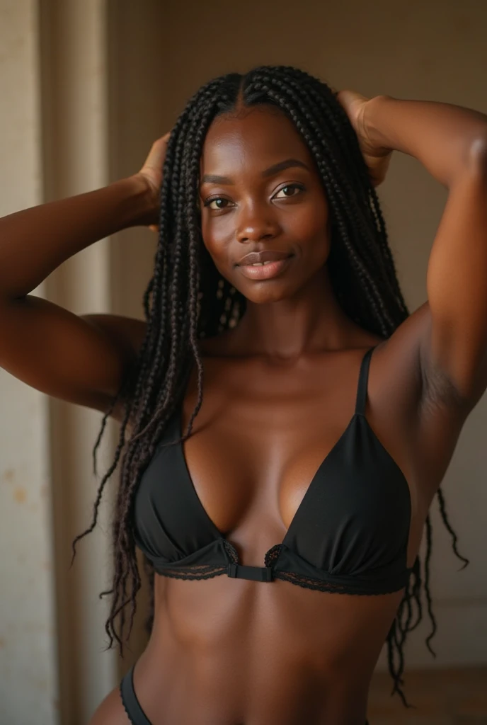 ((darkest skin、Armpit、shiny blackest skin!、 Black armpits、Pitch black skin like a black man!Wet shiny armpits、Skin moisturized and glowing、Pitch black armpit skin!、14-year-old model、full of sweat、Skin shiny with sweat、Realistic armpit wrinkles、Glossy armpits、improve the appearance of armpits、Armpit、Look at viewers、Take a pose with armpits visible、Full body close-up、Detailed black shiny armpits、Realistic black shiny armpits、Sweaty and glowing body、Detailed armpit wrinkles、full of sweat、Black detailed black armpits、Very black skin color、red lipsticks、Caucasian and half-very dark-skinned woman、Black skin beauty、Moist black skin、Glossy armpits、Brown Strapless Bra、Stand in the woods and show your armpits、Strapless Bras、Woman with dark skin, Smiling))、(high-ponytail Hairstyle、Caucasian and very black dark-skinned woman、8K、Caucasians with very dark skin)、Underwear models,Brown Strapless Bra, ((14years、Black armpits、Women with the darkest skin))、Photorealistic perfect body、Armpit pose is standing normally、closeup picture, Best Quality, Armpits, Arms up, at a forest、high-ponytail Hairstyle、Realistic, 8K、Glossy armpits、glowy skin