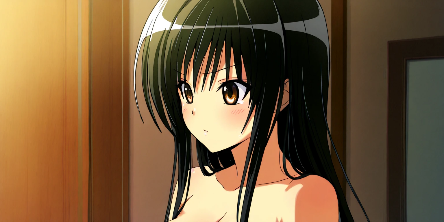 masterpiece, best quality, ultra-detailed, (((1girl,solo))),Akame, black hair,long hair, (((medium breasts, nude))), red eyes ,1girl,1boy, doggystyle, standing, sex, all fours, sex from behind,on bed, background bedroom