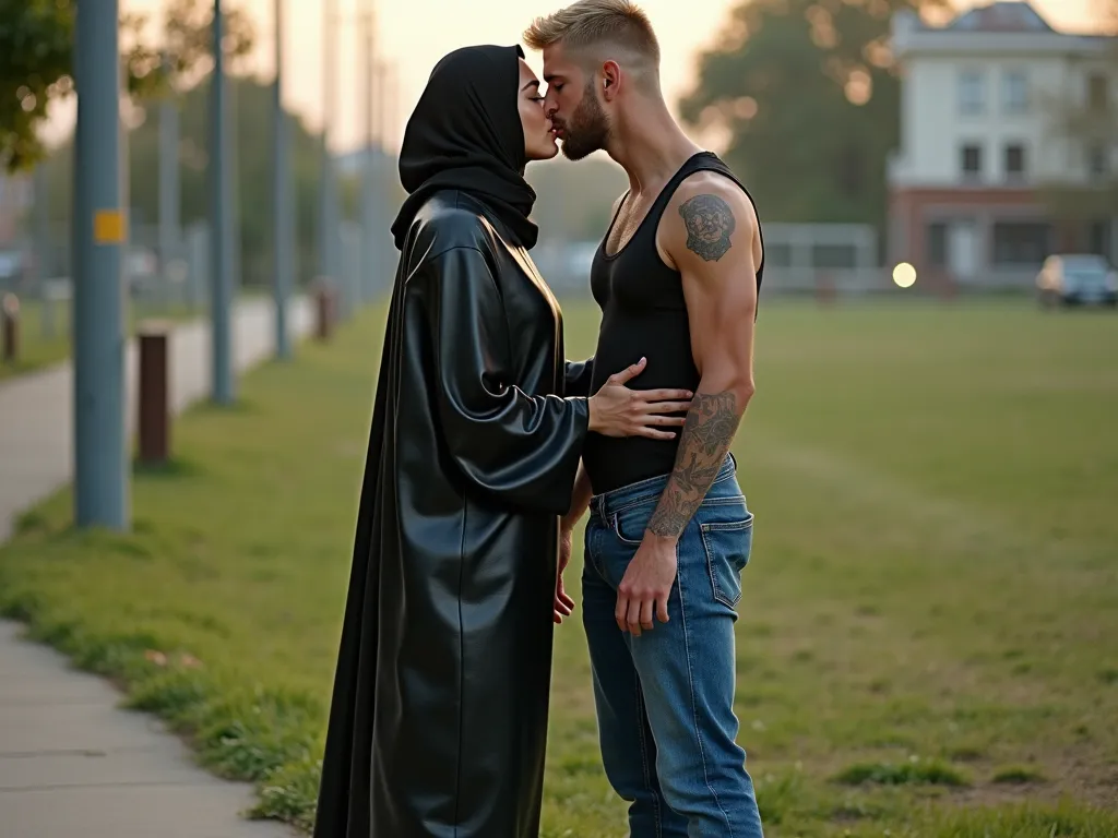 with black headscarf, barefoot, black sweatpants, braless woman, at the picnic. Kissing with her boyfriend