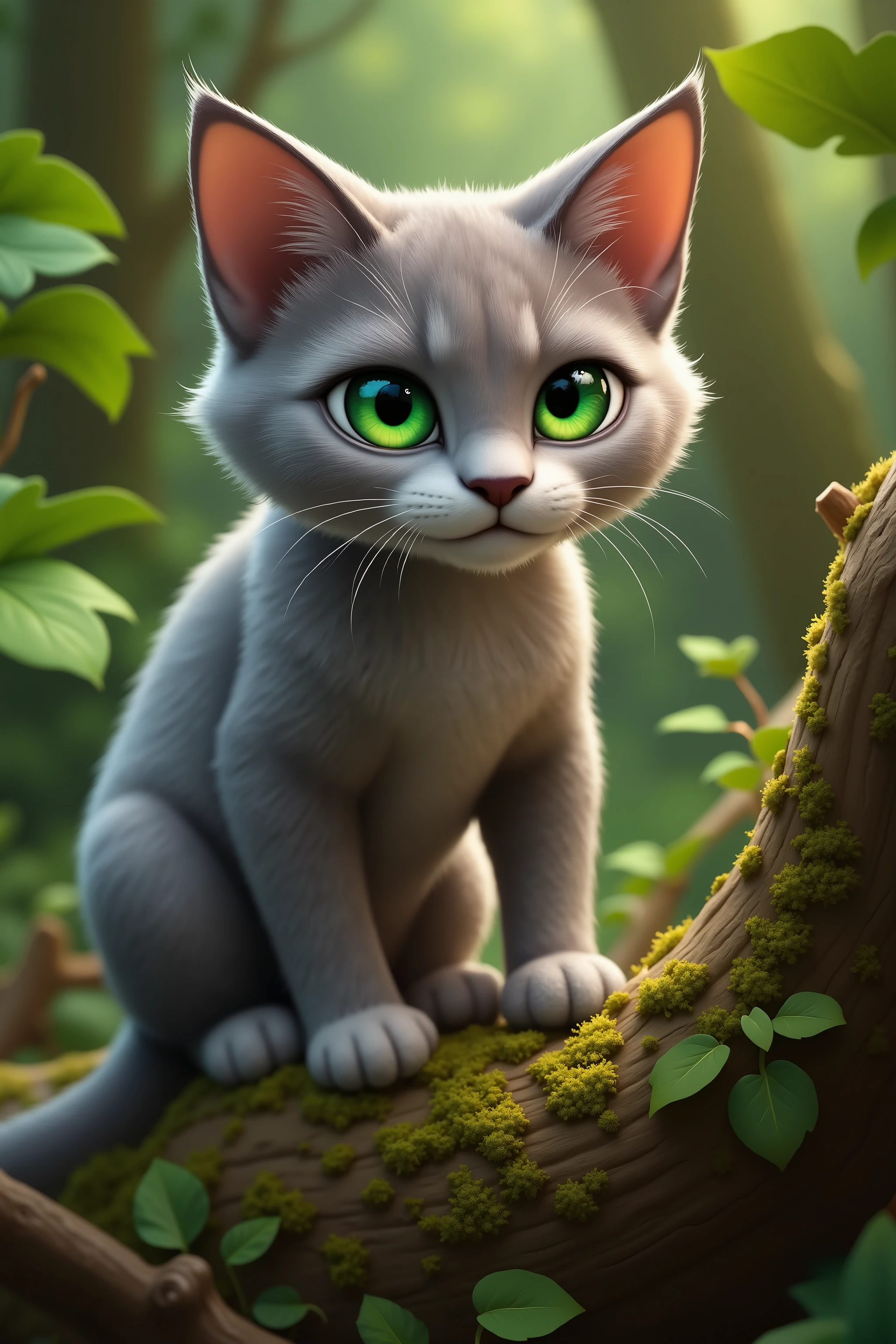 Cartoon cat with vibrant green eyes and a slender black nose, perched high up on a moss-covered tree branch, looking down with an intent gaze like a predator, side angle view, 2D animation-style with bold lines and soft shading, set in a nature-inspired environment with lush green leaves and earthy tones, focused eyes with a sharp pupil, whiskers slightly twitching, fur a mix of grey and brown hues, with a subtle texture resembling watercolor, and a sense of depth created by the blurred background.