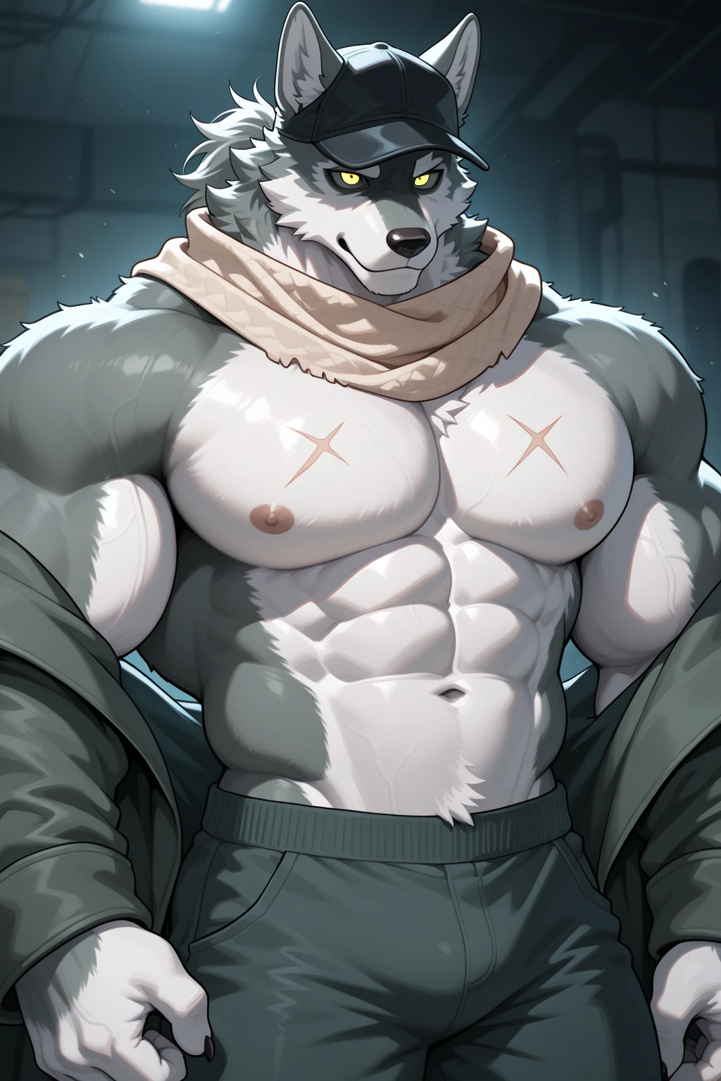 (masterpiece,highest quality,super detailed,perfect ???????),kemono,white background,particles of light,sharp focus,by null-ghost,alone,anthro,Wolf,muscular
(white fur:1.5,white body:1.5),looking at the viewer,fine eyes,thong,red cloak,dog tag