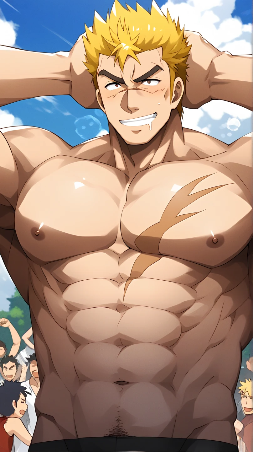 A mais alta qualidade de imagem,Pessoas do sexo masculino,1 homem,jovem e bonito,Arataki Itto,cabelo rosa escuro,Cabelo liso curto,Pele escura,Anime peito grande,anime wallpaper,sozinho,Foco Masculino,cuecas,Dilation of the pectoral muscles,Virilha saliente,Fundo Urbano,Espalhe as pernas,sexy,(master part, best quality) ,without the shirt, flexing your muscles, Fazendo cara de safado, Big chest, Hot abs