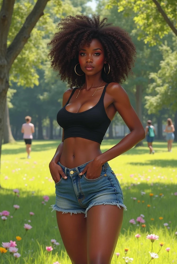 8K,Afro hair with black hair,Pretty black American woman,Super Beauty(Like the real thing),Colorful summer clothes,Shorts,Big smile,Lakeside,Perfect Anatomy,charm,Volume measurement,Body balance,Digital single-lens reflex camera, Soft lighting, Detailed Background, Written boundary depth, Volumetric lighting, Sharp focus, Absurd, Realistic proportions, Excellent anatomy, (Realistic, 超Realistic:1.4), 16K HDR, dawn,A High Resolution,super Realistic 肌,Super beautiful expression,Fantasy art,Character Art,Wind effects:1.9、Cloud Effect:1.2、Full Rendering、Professional quality high resolution、Perfect contrast、Perfect lighting、Perfect composition、Perfect Skin、Perfect Fingers、Perfect breasts、Perfect Hair、Perfect Face、Realistic facial features,super highest quality,Slim figure,Perfect body line,Perfect hand shape,Anatomical body balance,Highly detailed face,Highly detailed eyes,Beautiful Lips,Excellent light particles,Cinema Lighting,Makeup,Ultra-high resolution,Ultra-Realistic Skin,Dynamic pose,Blue Eyes,Dark skinned black woman,