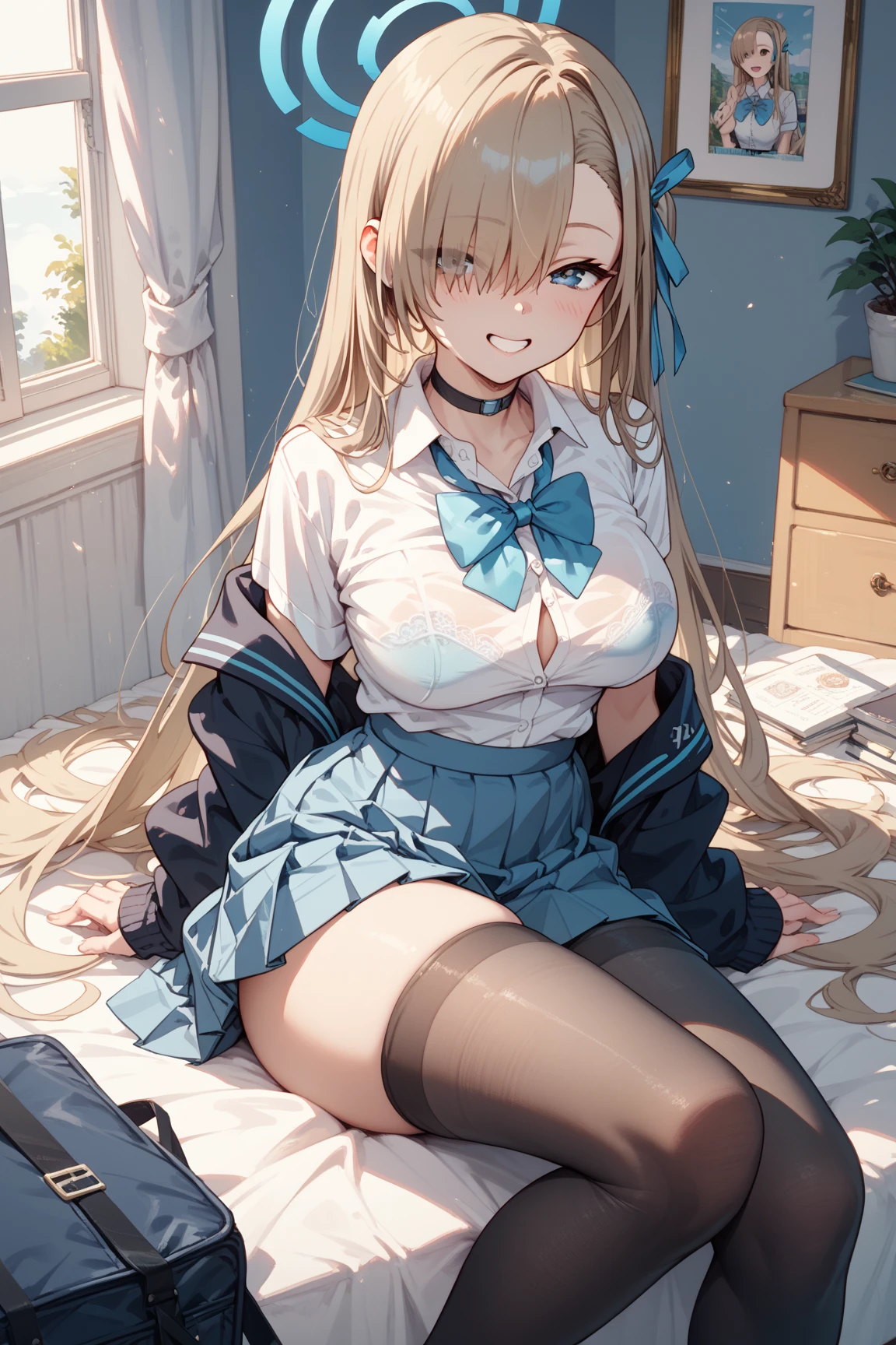 ((masterpiece, best quality)),a girl, solo, serafuku, thighhighs, skirt, lying, ribbon, upperbody, class room, indoors, shirt, neckerchief, school uniform, long hair, black thighhighs, looking at viewer, blue eyes, black serafuku, black skirt, red ribbon, long sleeves, pleated skirt, blonde hair, wood floor