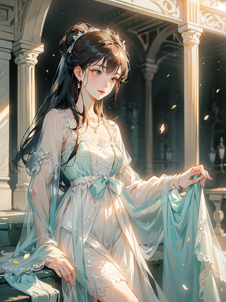 In the fourth chapter of Lily's charming story, she embarked on a deep journey – a journey within herself. She understood that her dreams contained not only external wonders, but also the potential to reveal the depths of her own being.

With a sense of quiet determination, Lily delved deeper into her dream world, seeking answers to the questions that plagued her soul. She closed her eyes, allowing her mind to wander into the realm of dreams, where the boundaries of time and space dissolved.

While venturing into the ethereal landscape of her dreams, Lily encountered a wise and mystical figure – the Guardian of Dreams. Dressed in a flowing robe, the Guardian emanated an aura of ancient wisdom and serenity. With a gentle smile, the Guardian waved for Lily to follow him, leading her through a maze of dream corridors.

Each hallway contained a different aspect of Lily—a reflection of her hopes, fears, and desires. They were portals to the depths of his subconscious, where hidden truths and untapped potentials lay dormant, waiting to be discovered.

Lily approached the first door, her heart pounding with a mixture of anticipation and trepidation. When the door opened, the memories of her past flooded her senses—the laughter of childhood, the warmth of family, and the bittersweet moments that transformed her into who she was.
Anime girl with blue eyes, with black hair