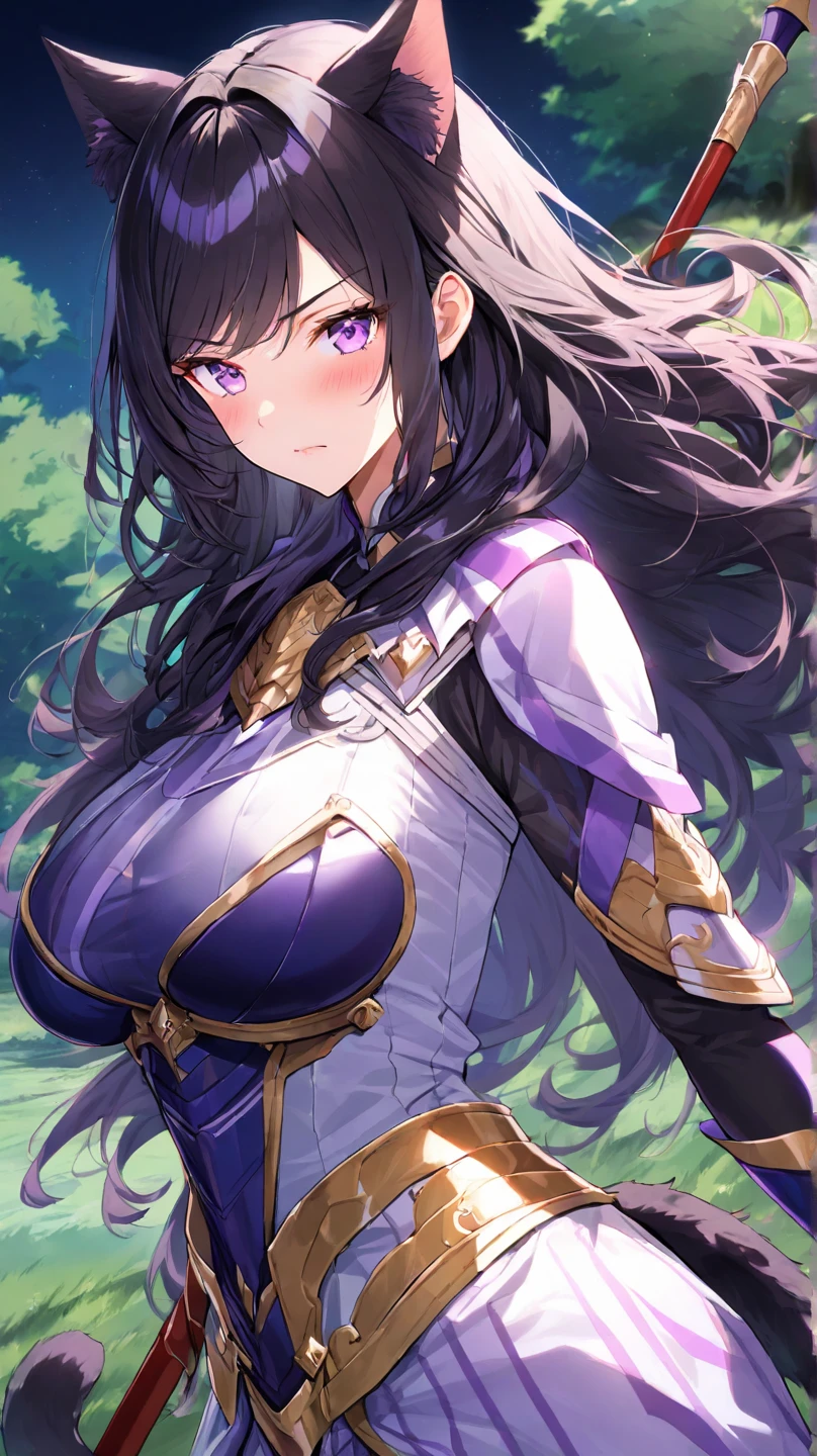 4K,High resolution,One Woman,lamia,Purple Hair,long hair,Blue Eyes,Big Breasts,Swordsman,White Armor,hair band,Jewelry decoration,Long sword,in the forest