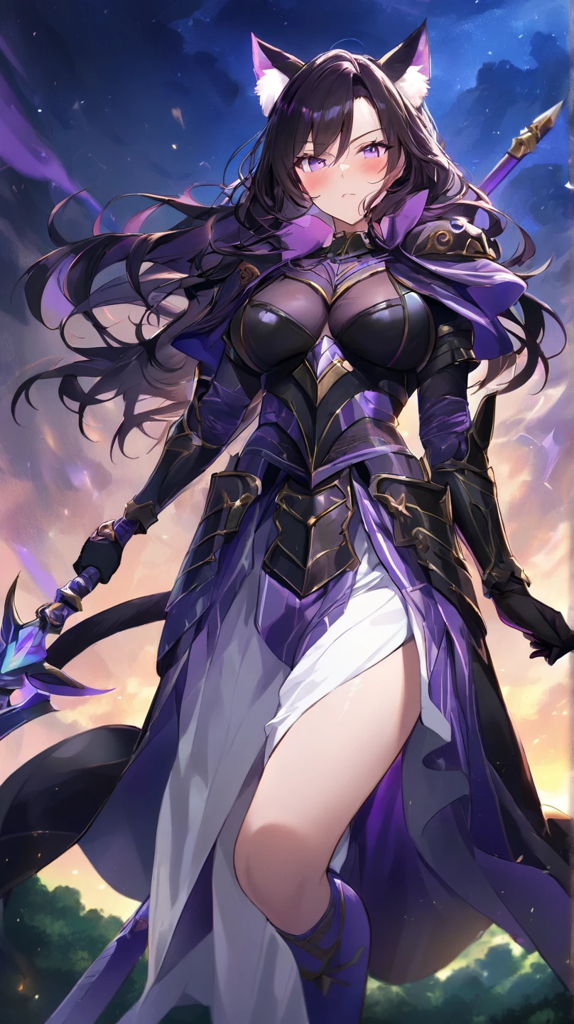 Pele escura, beleza deslizante, olhar hipnotizante, olhos roxos, Charme sedutor, intricate patterns, exotic blue clothes, Cabo Escuro, flowing dark hair, Hypnotic charm, detalhes intrincados, Stunning appearance, holding a magical staff, ((ultra-detalhado)) ,(Rosto bonito), 1 mulher bruxa em pleno crescimento, corpo perfeito, in front of a ruined temple