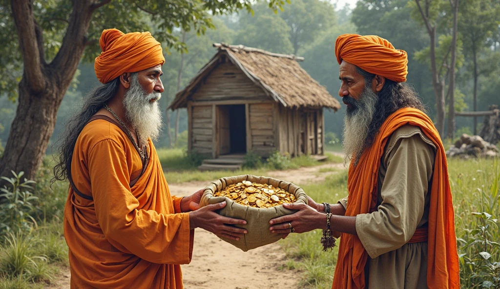 The face of a Sadhguru is peaceful, his eyes gleam with confidence and wisdom. He holds a bansa in his hands, representing his deep spiritual knowledge. He serves his disciples like a slave, guiding them and Providing assistance."