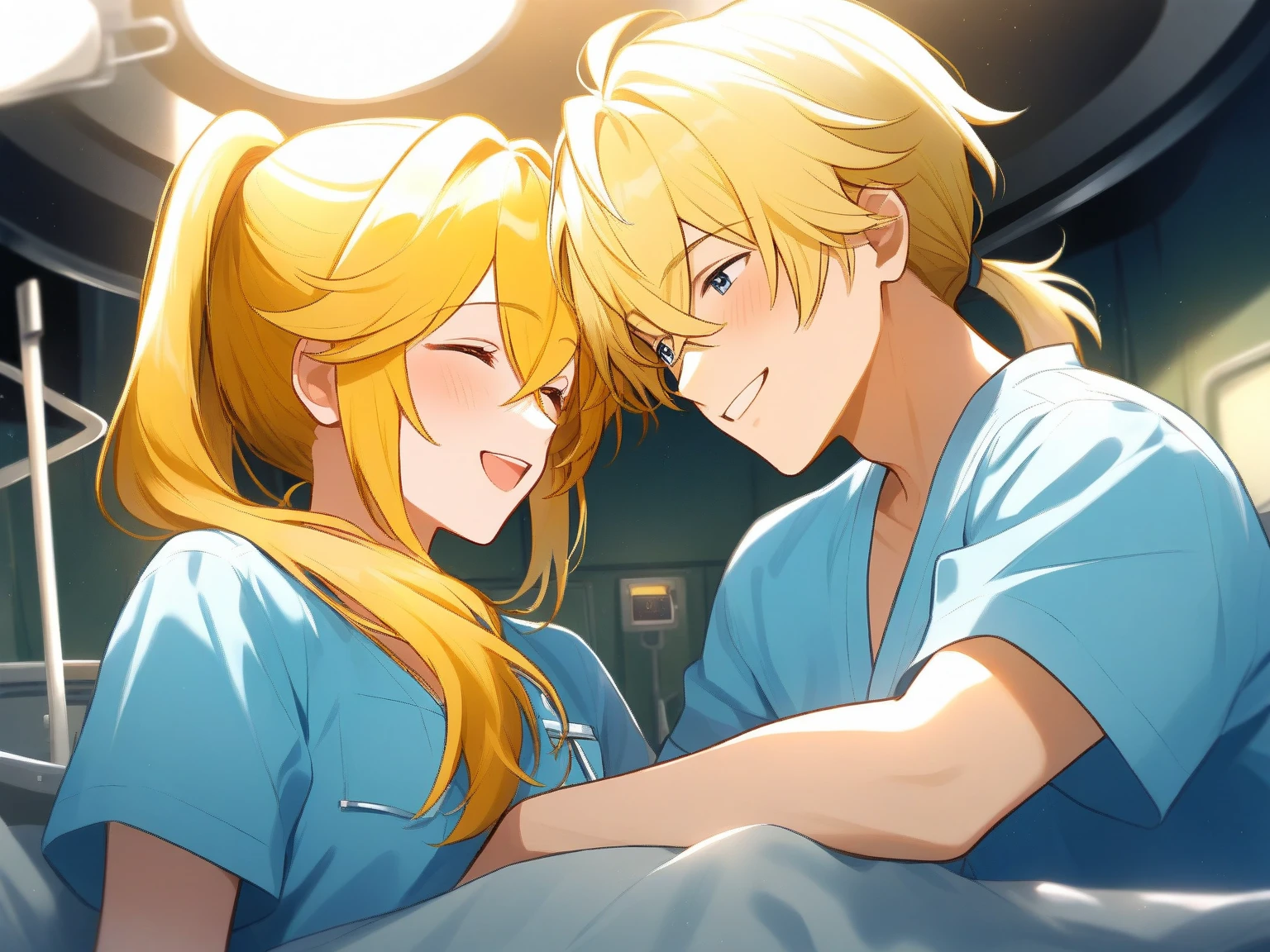 Man with short curly hair and woman with curly hair couple of anime professional nurses