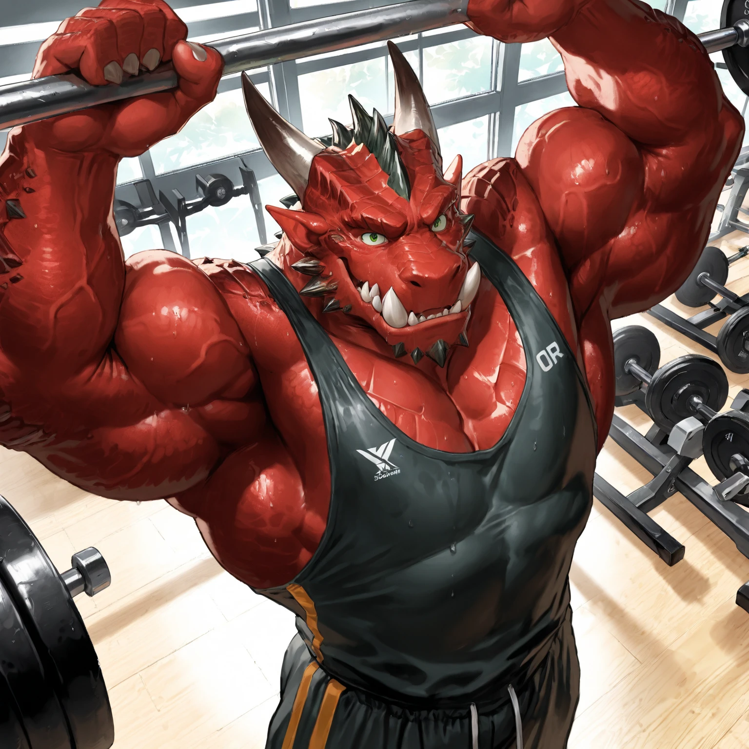 human nature, cannon, male, solitary, ((the strong，Handsome)), (dragon), Chibo，Six-pack abs，(School Background)，Blue shorts，Sweat:1.3,White Socks，high quality, (4k,high quality, high resolution, masterpiece), Front view (close up), cartoon,by lindong
