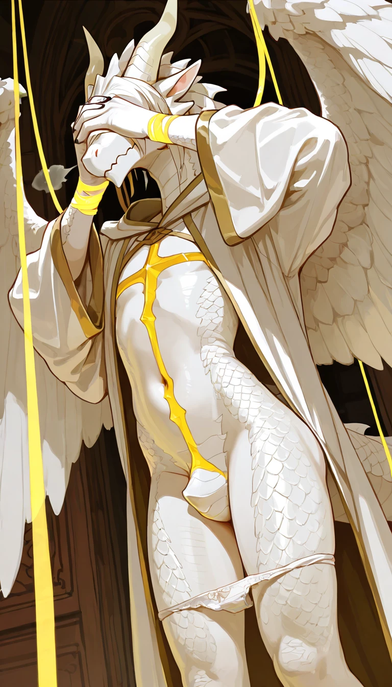 NSFW, ((masterpiece)), ((Best Quality)), ((extremely delicate and beautiful)), ((Completely and perfect body)), (Perfect and delicate 2 hands with 5 fingers),
((In the church of evil at night)), ((((One beautiful adult man with blonde short hair and crimson red eyes is evil demon))), (((He is squatting proudly with his legs open wide and showing off his big erect penis hard)))), (evil magic circle that shines ominously purple), He is wearing a white cloak, He wears a black choker that glitters ominously, (empty eyes, drooling, sexually aroused and ecstatic smile), open mouth, (Blush with aroused), slender, well-muscled, flat chest, He has a glowing heart-shaped magic circle tattoo on the center of his chest, His body has no pubic hair at all, Lower half naked, Focus on character,