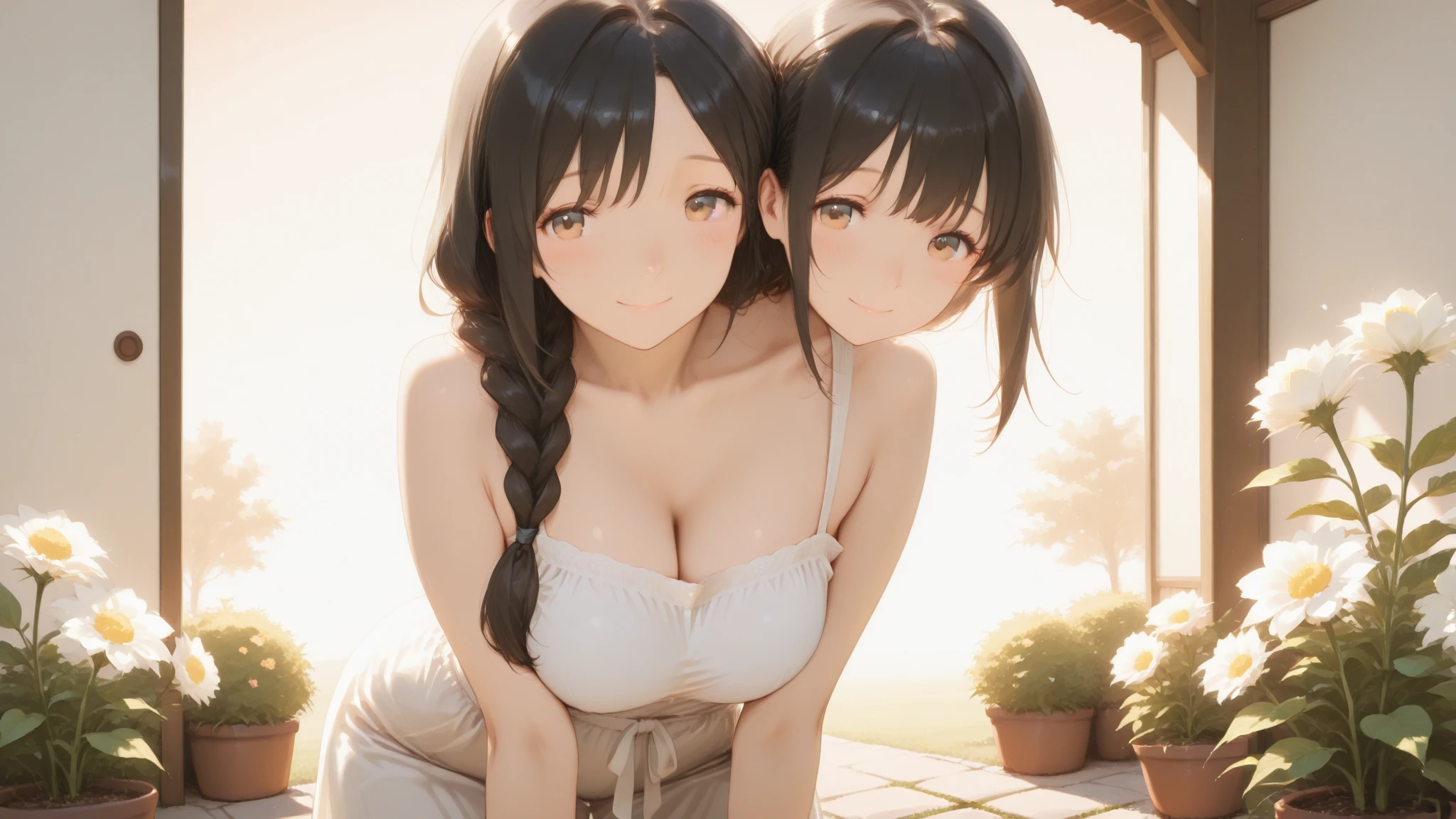 (highest quality,high resolution,(Ultra high fine mesh,4K), (ultra high resolution,8K),muste piece:1.2), (perfect anatomy,anatomically accurate), (angle from below), (soft lighting, rendering), Close ~ eyes, (two girls doing yoga), (surrounded by nature), (((Shining magic circle))), Peaceful and calm background Beautiful and detailed eyes, flowing long hair, yoga clothes, elegant pose, soft and gentle lighting, (very detailed and beautiful face), professional photography techniques, Bright colors, natural light, (very detailed and beautiful face), (large breasts:1.3), (Mysterious, Fantastic), cowboy shot, mindfulness meditation