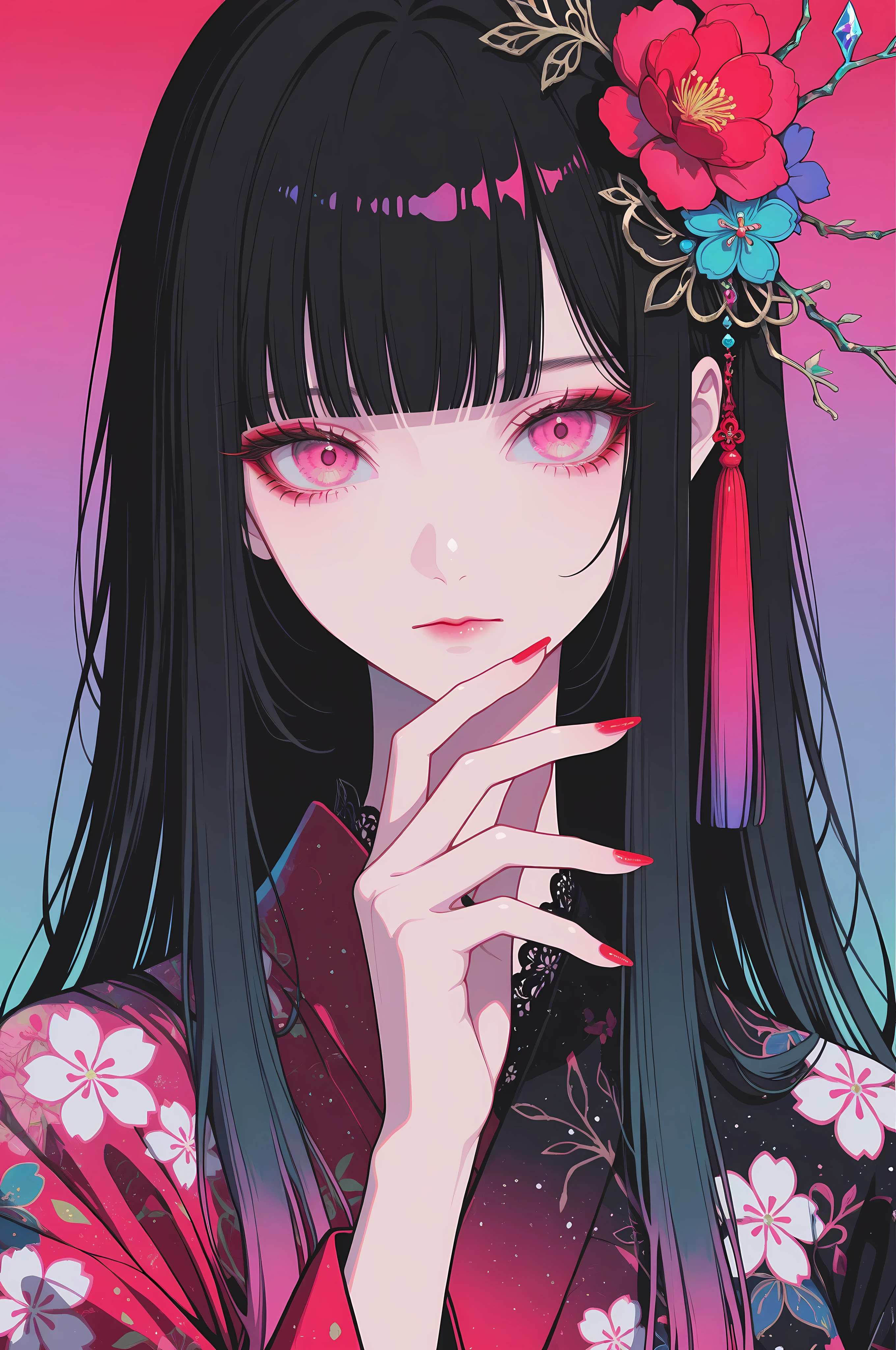 woman, solo, ethereal, crystal red nails, looking at viewer, bangs, pink eyes, long hair, black hair, hair ornament, hand up, flower, blunt bangs, closed mouth, tassel, ribbon, portrait, colorful, gradient background, floral yukata, multicolored hair, upper body,