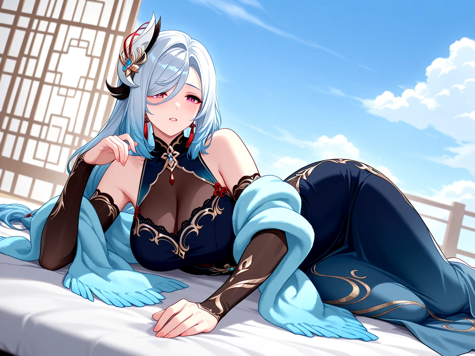 masterpiece, best quality,((ultra-detailed)), (illustration), ((an extremely delicate and beautiful)), solo, calm Expression (beautiful detailed eyes),(bright eyes) ,(detailed light),(well detailed background) (best quality), (high quality), 1girl, solo , alhaitham \(genshin impact\), looking the viewer, short hair, grey hair, green eyes, bright eyes, big breasts, hair over one eye, headphones, lingerie, indoor, bedroom, smirk, makeup, woman laying on bed ,(( legs spreading wide open)), hands on breasts, (((breasts groping))), cleavage, topless
